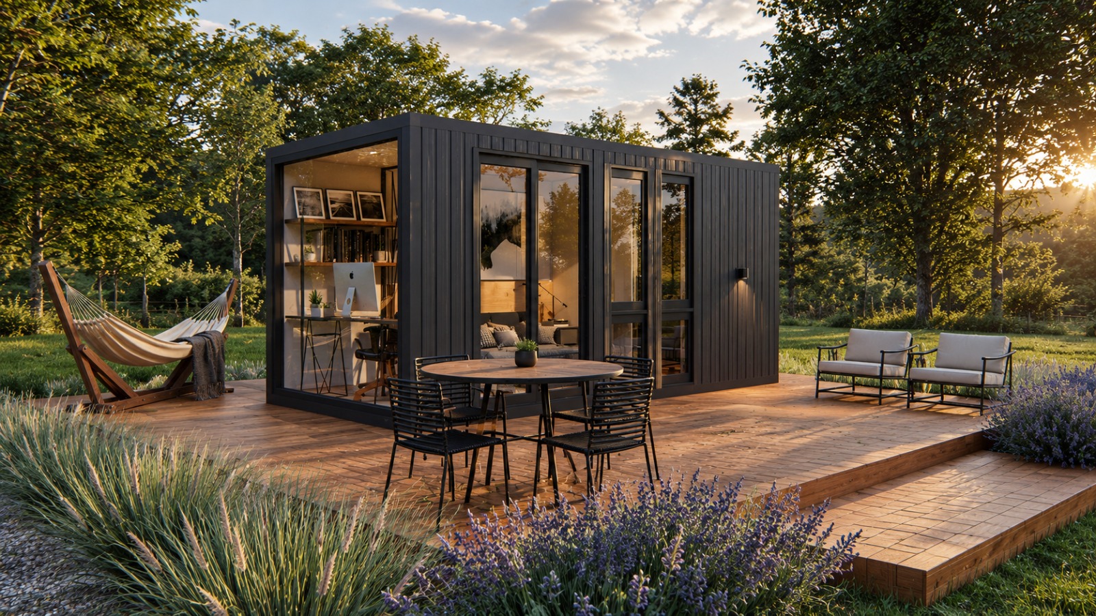 Suite Home — deck com mesa, poltronas e rede no jardim