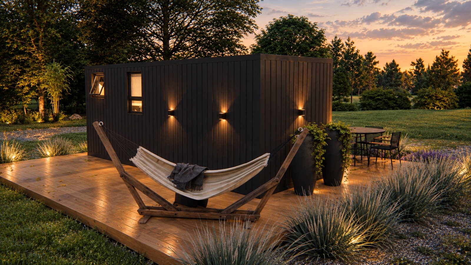 Loft — deck com rede de descanso e iluminação externa