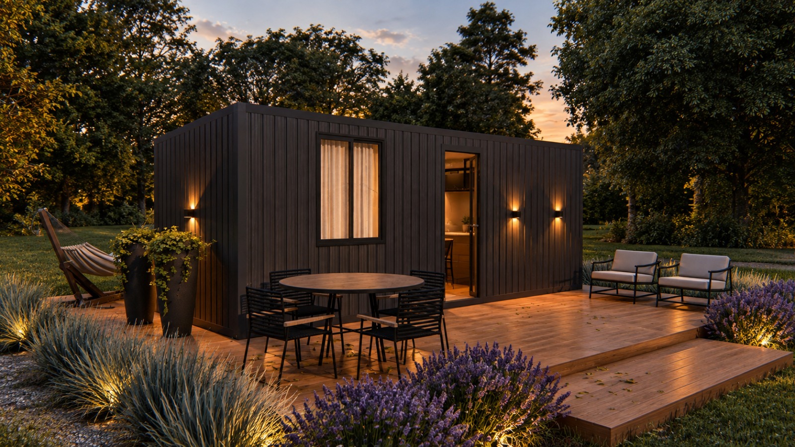 Loft — fachada ripada em grafite com deck de madeira e jardim