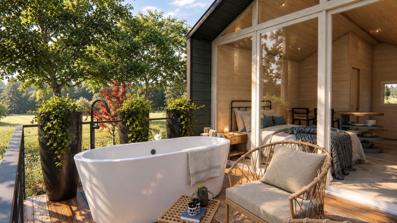Cabana Floresta — deck com banheira, poltronas e vista para o quarto integrado