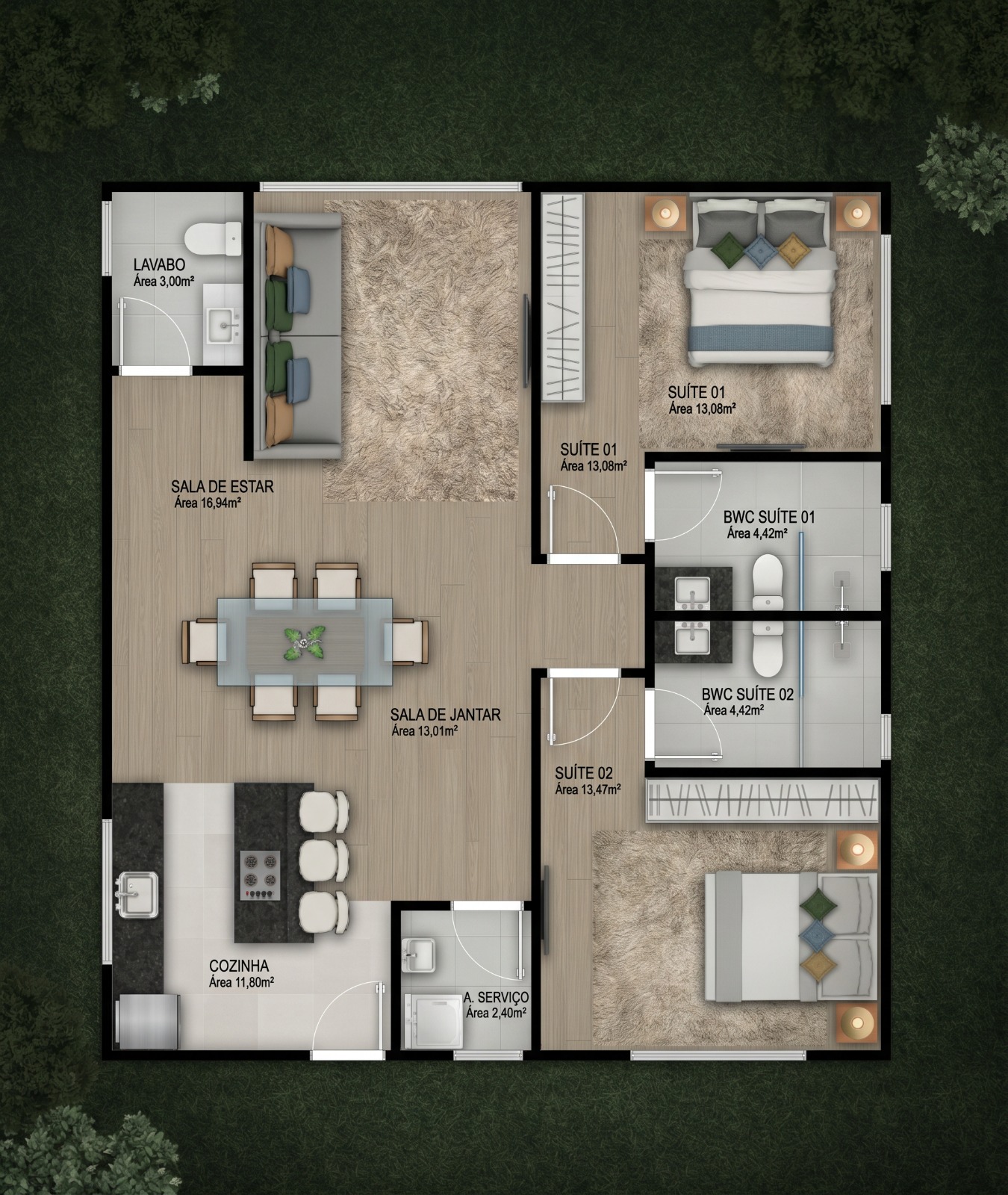 Casa Alto da Colina — planta baixa humanizada com duas suítes e banheiros privativos, sala de estar, sala de jantar, cozinha, lavabo e área de serviço