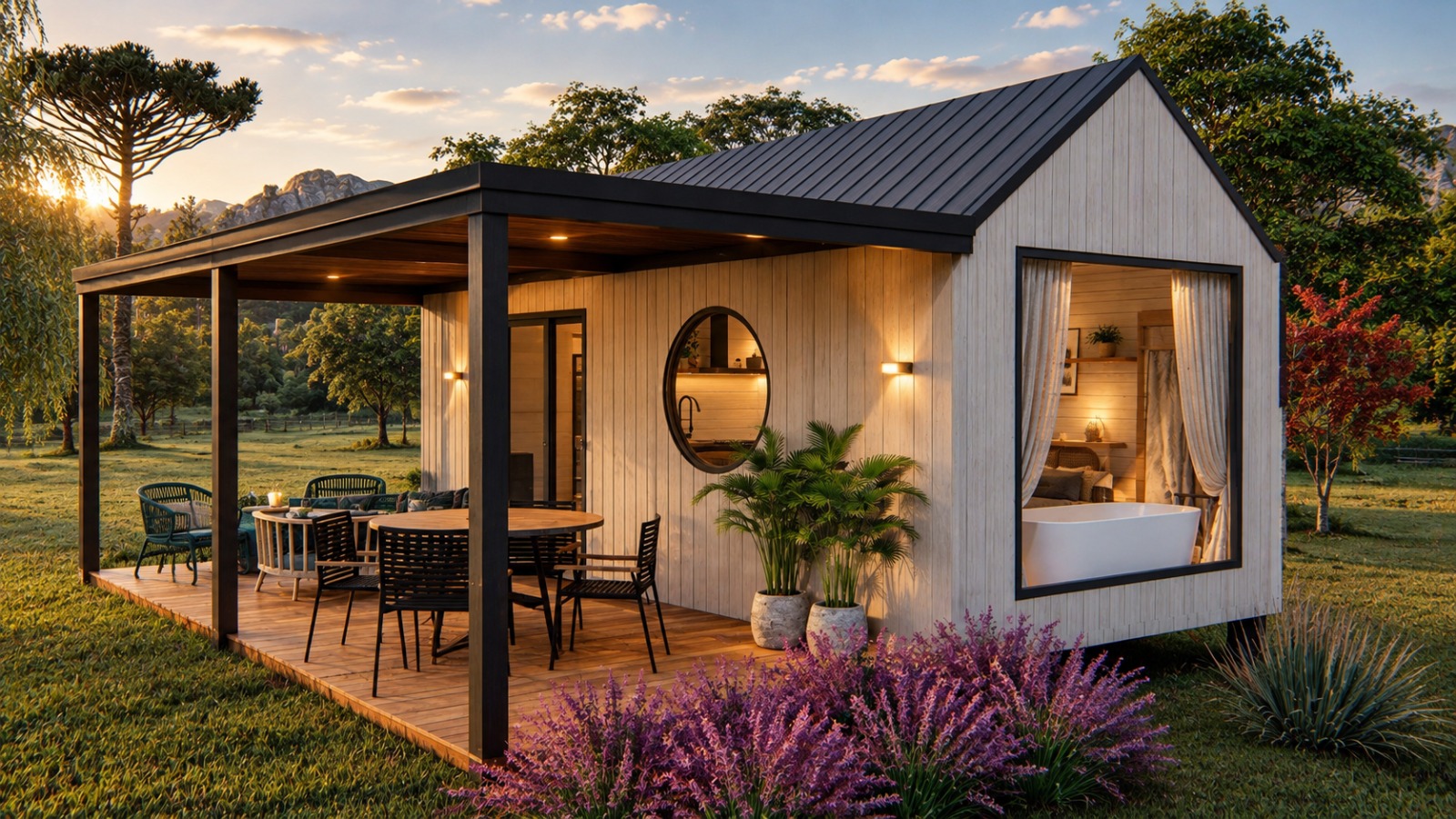Cabana Sossego — fachada com janela circular, deck e banheira visível pelo vidro