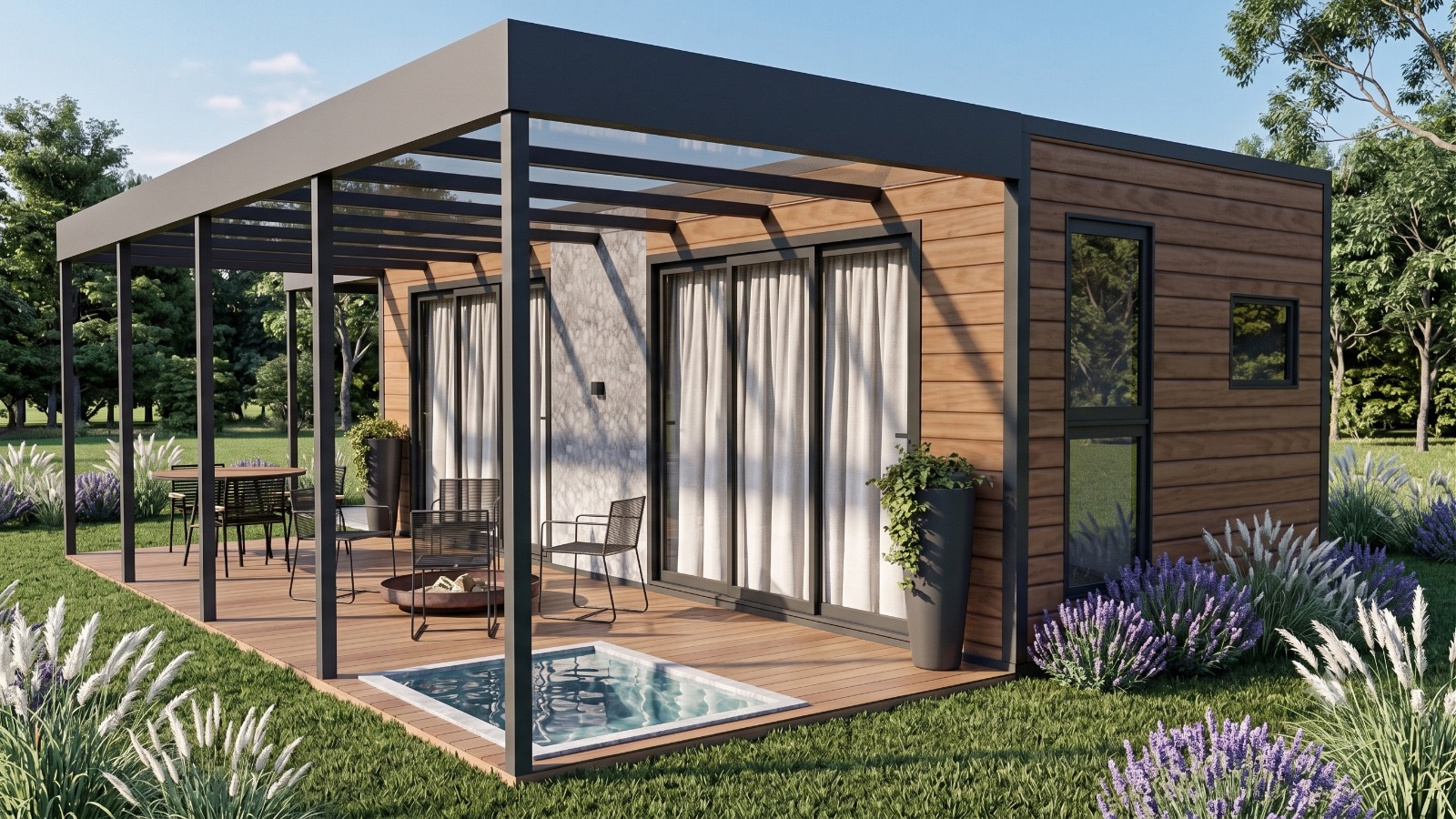 Cabana Luar da Serra — deck coberto por pergolado com hidromassagem embutida, braseiro e mesa de refeições ao ar livre