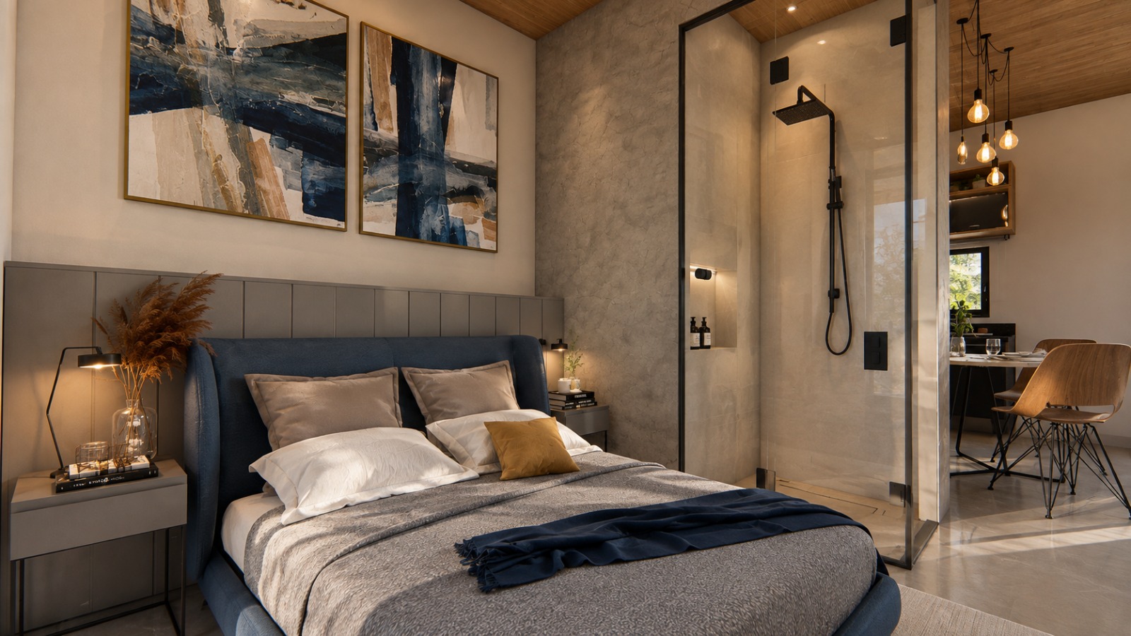 Cabana Lua — suíte com cama azul, quadros e dreno de vidro