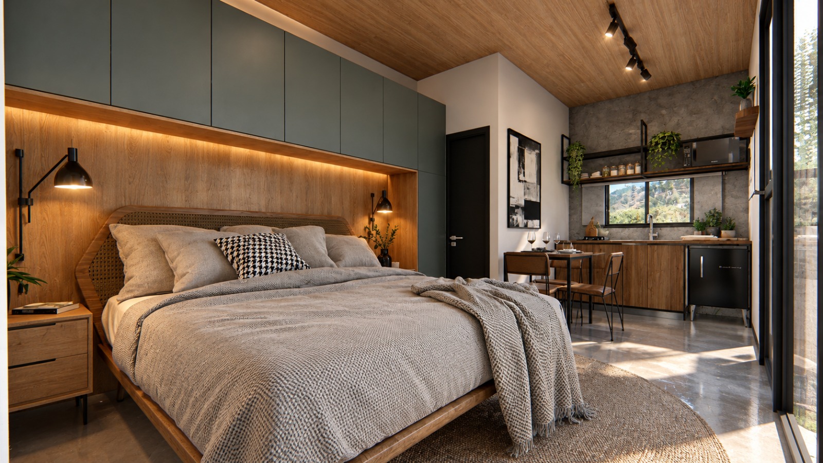 Cabana Bosque — quarto com cama de casal, cabeceira de madeira e cozinha ao fundo