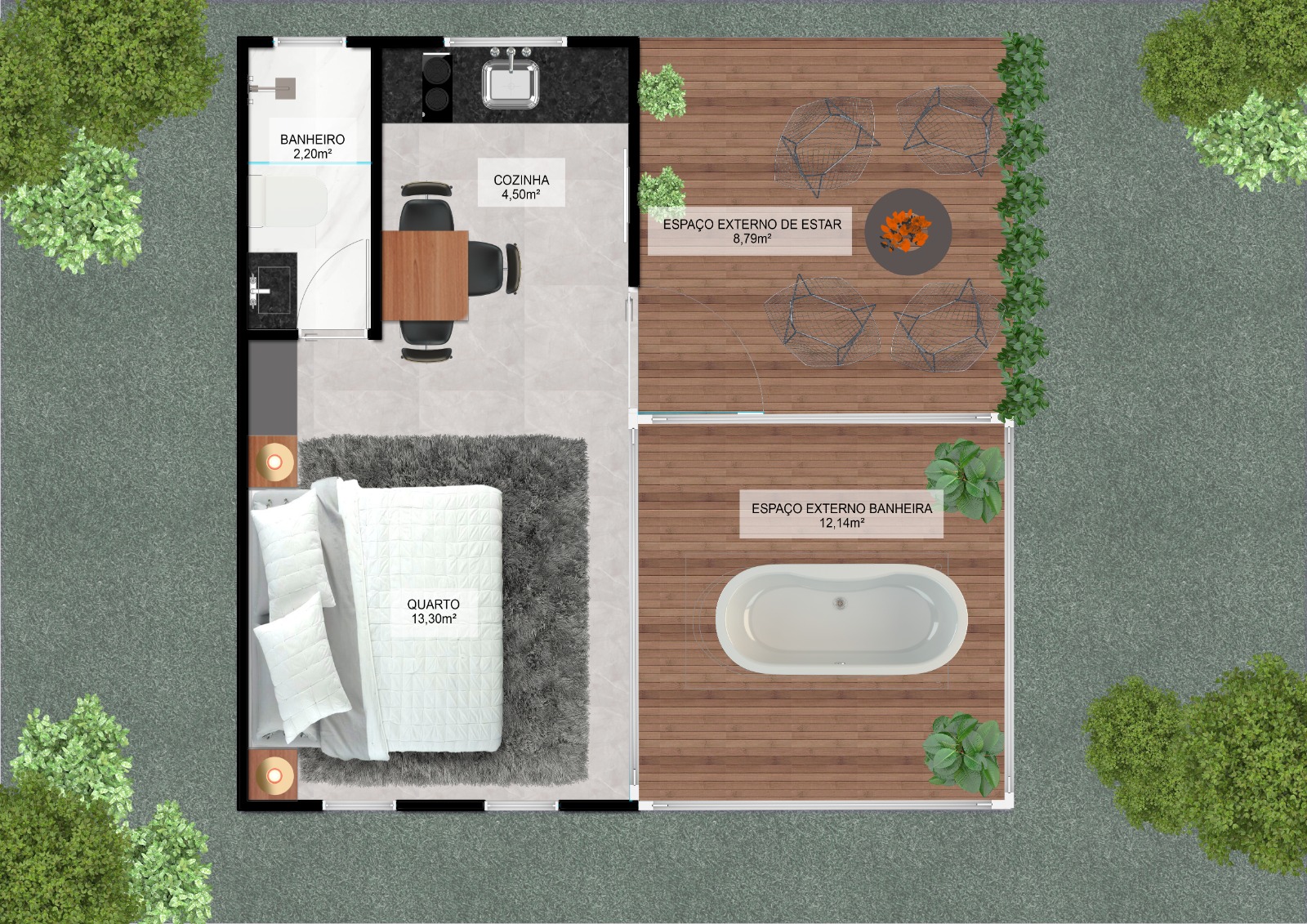 Cabana Bosque — planta baixa com banheiro, cozinha, quarto, espaço externo de estar e espaço da banheira