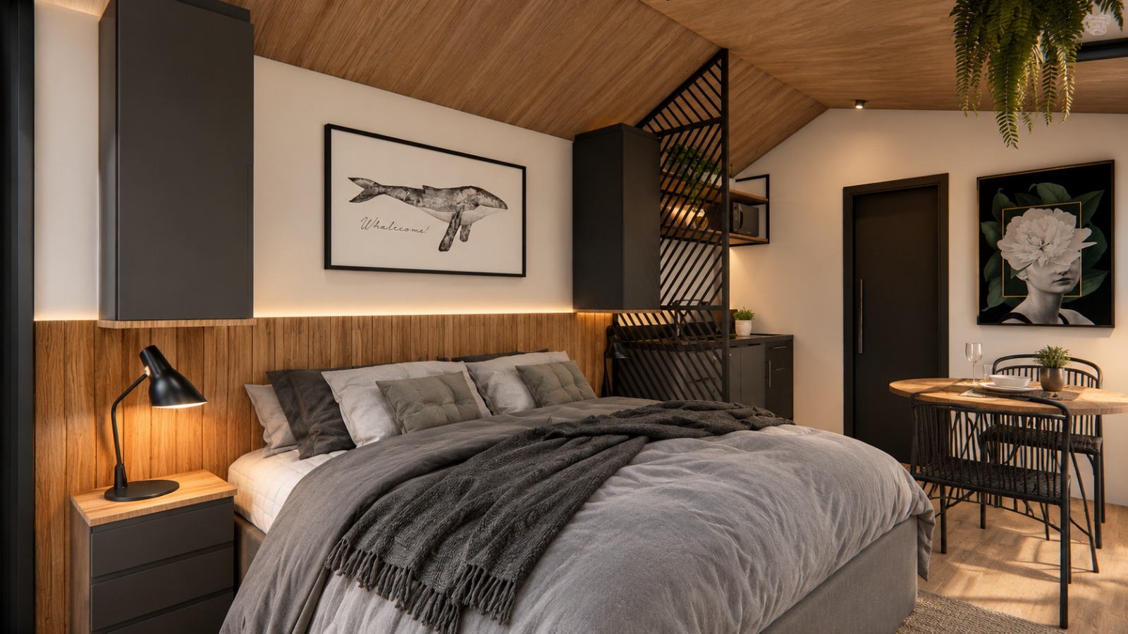 Cabana Lua — quarto com cabeceira de madeira, iluminação indireta e mesa de refeições