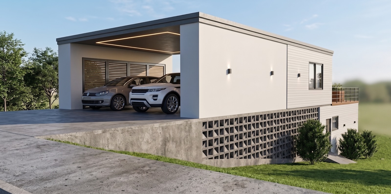 Cabana Refúgio — garagem coberta para dois veículos e acesso em desnível