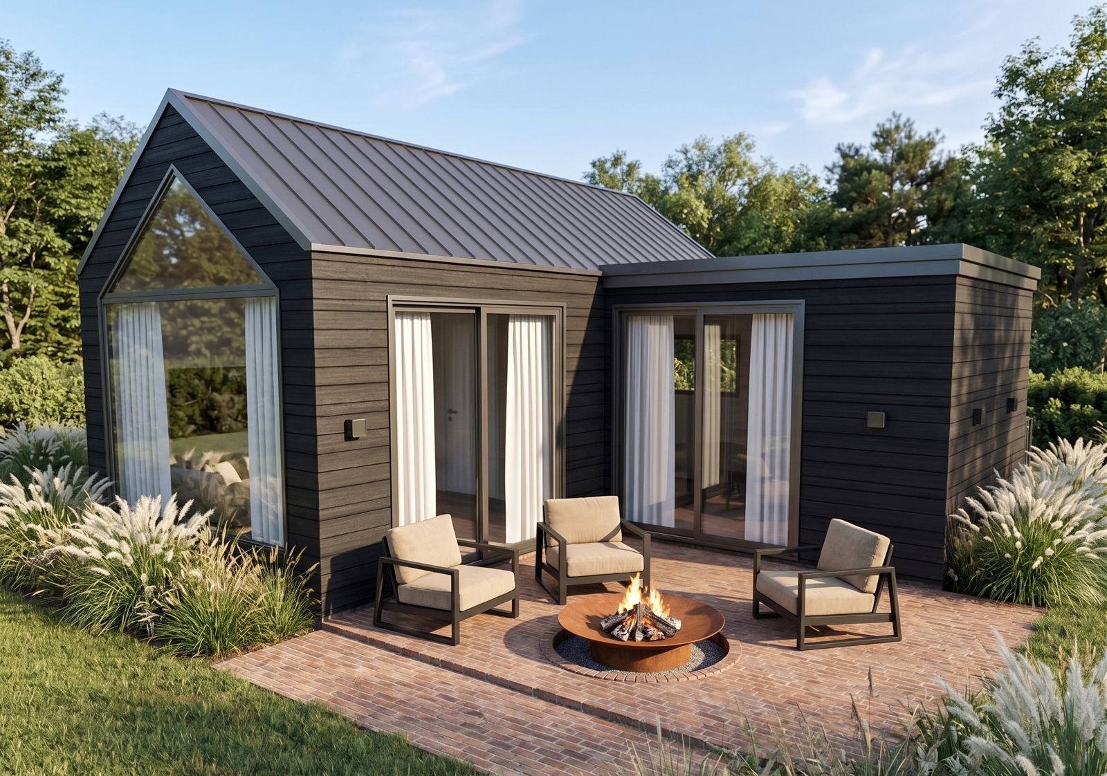 Cabana dos Lagos — fachada envidraçada com pérgola de metal, fogueira e jardim de gramíneas
