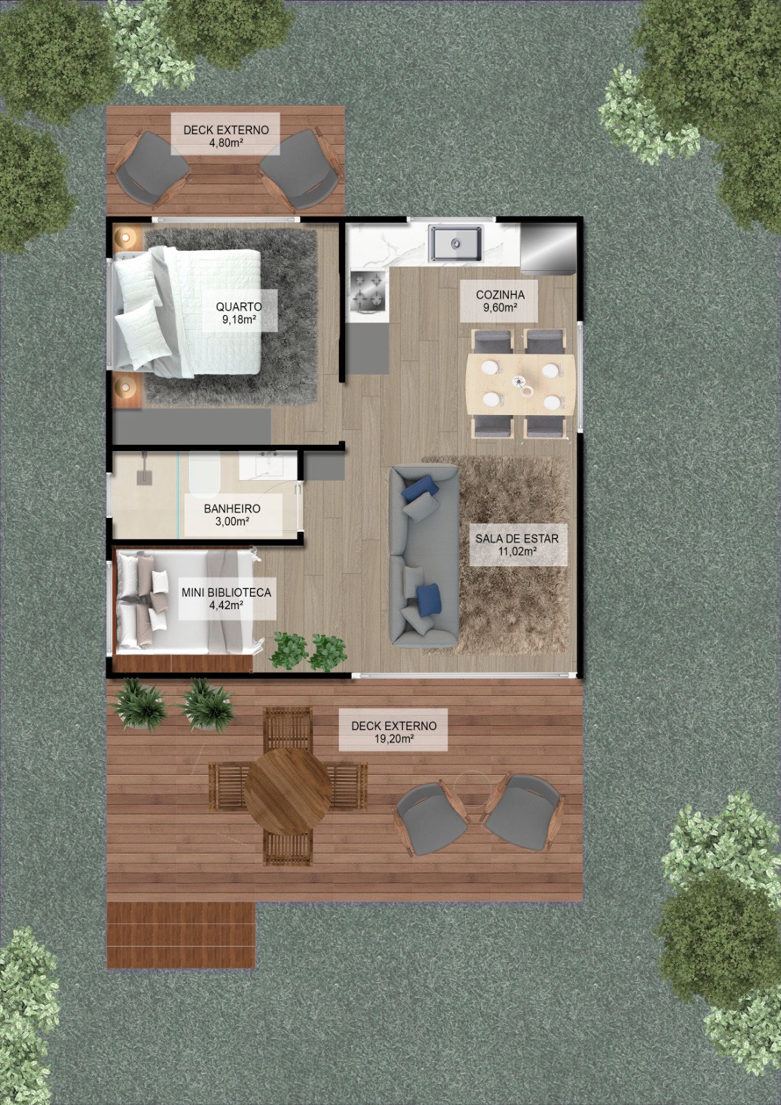 Cabana Quintal do Céu — planta baixa humanizada com quarto, cozinha, banheiro, mini biblioteca, sala de estar e dois decks externos