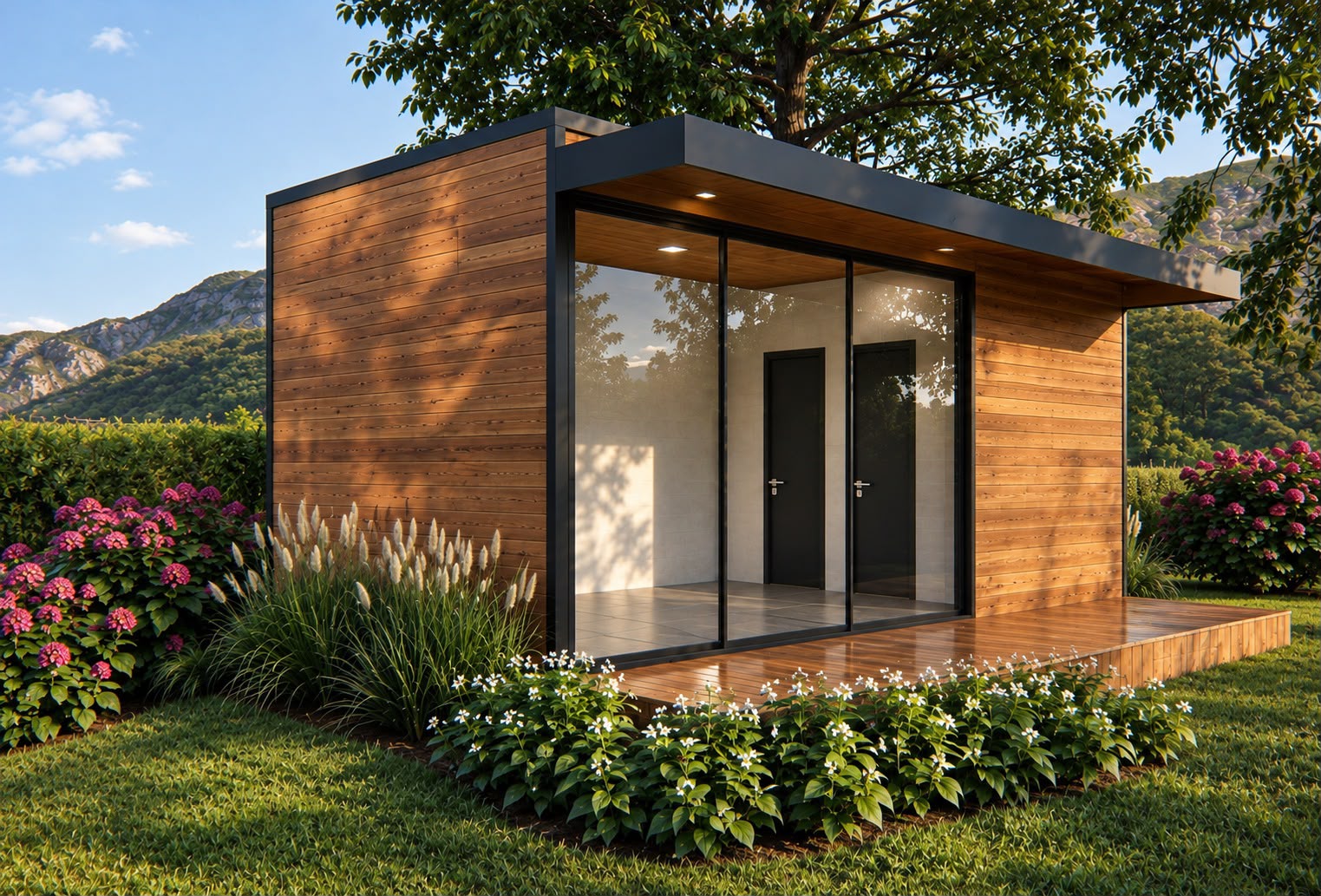 Módulo Escritório — fachada envidraçada de esquina com marquise escura, duas portas pretas, deck de madeira e jardim com hortênsias