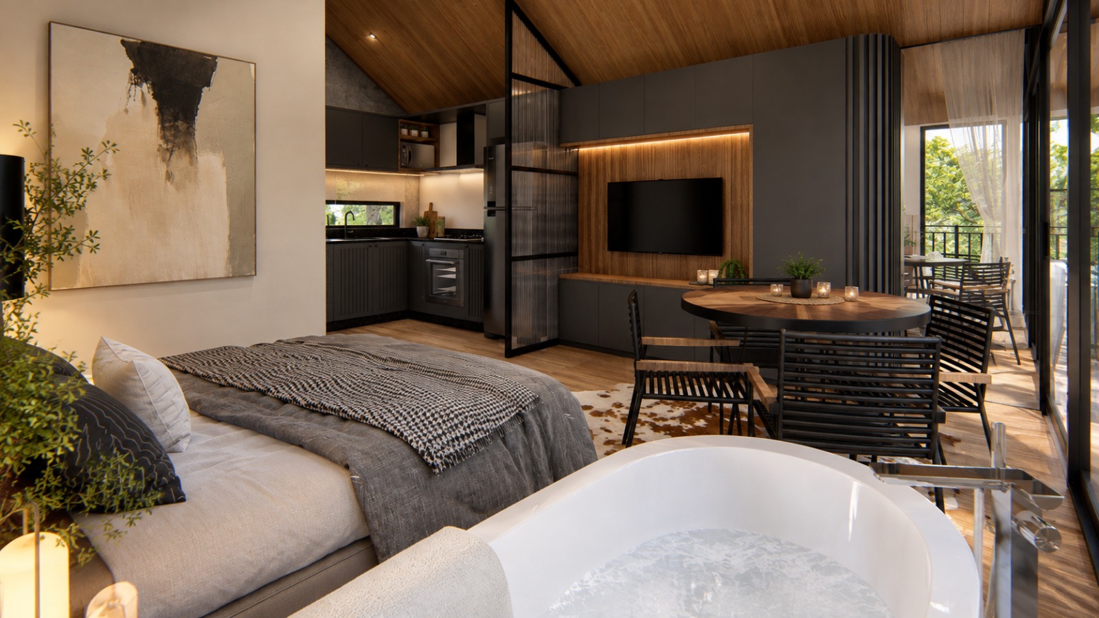 Cabana Amanhecer — sala integrada com banheira e home theater