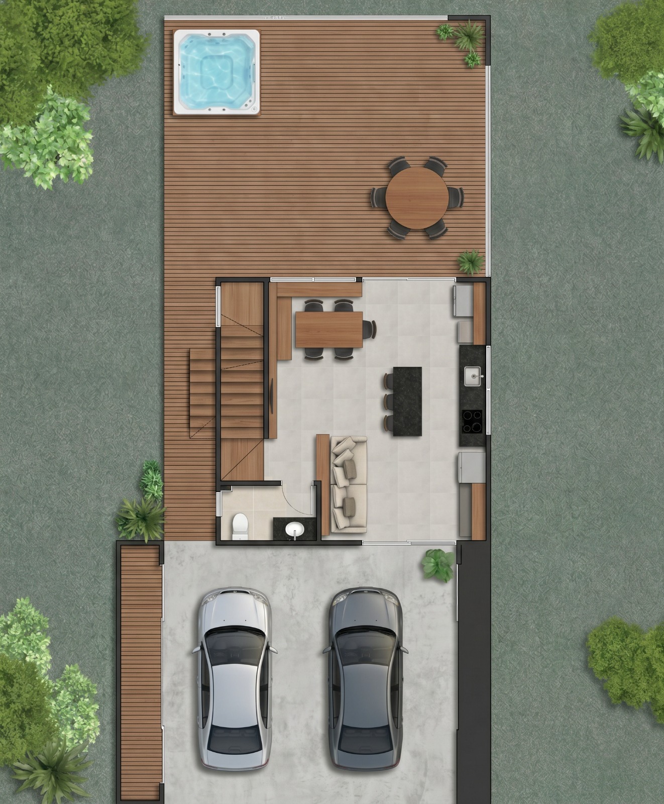Cabana Refúgio — planta do pavimento térreo com sala integrada, cozinha, lavabo, deck e garagem