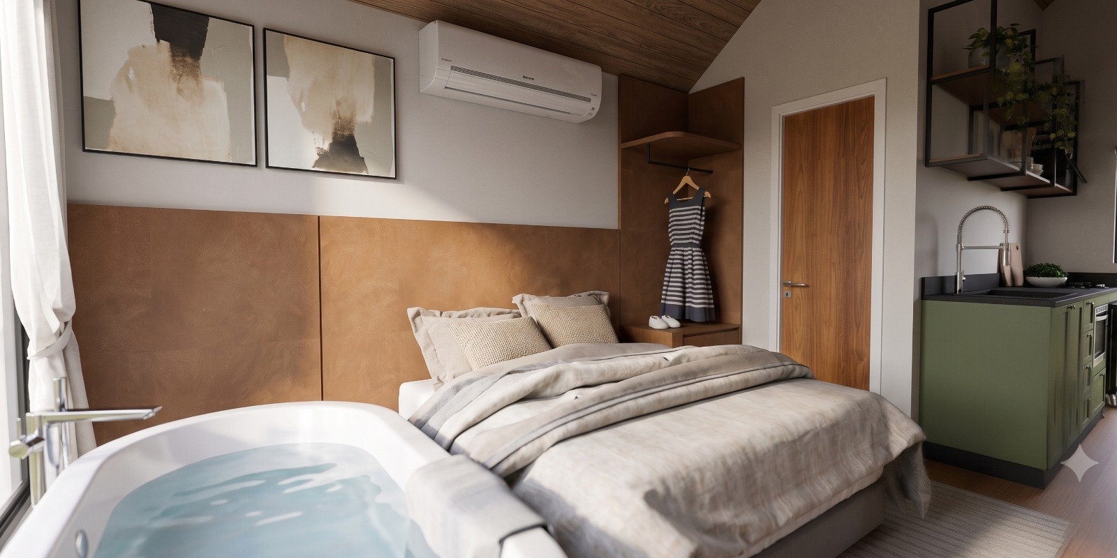 Cabana dos Lagos — quarto com cabeceira de madeira e banheira junto à janela