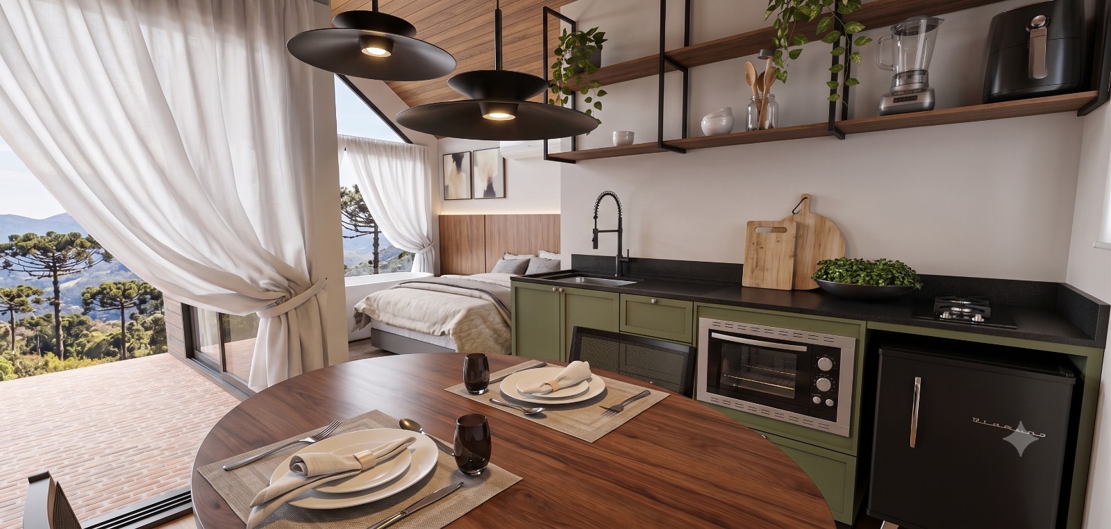 Cabana dos Lagos — cozinha verde integrada ao quarto, com jantar e vista panorâmica
