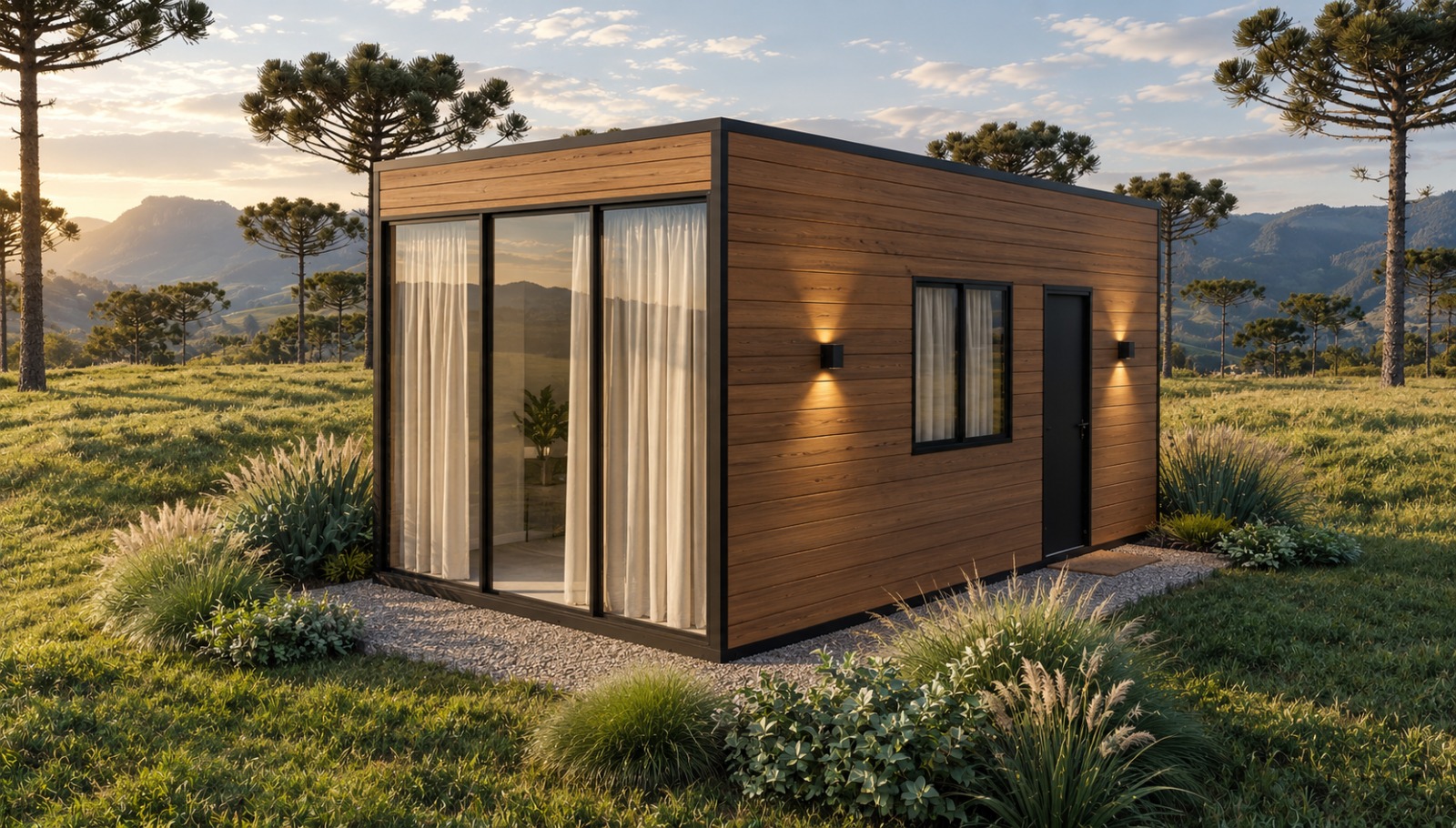 Cabana Sunset — fachada com porta de entrada preta e arandelas acesas sobre leito de pedriscos