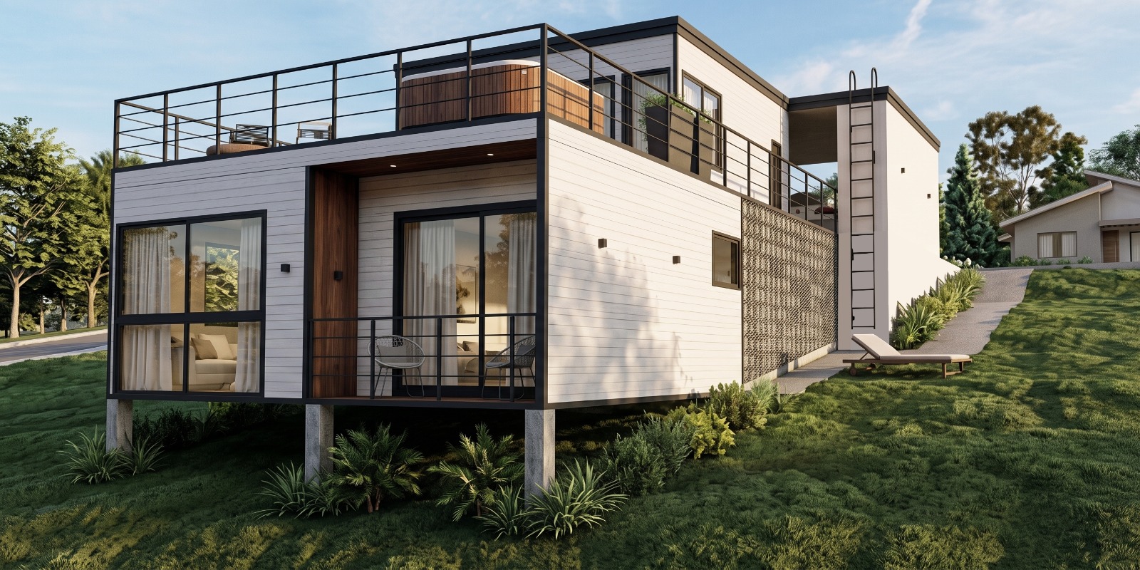 Cabana Refúgio — vista lateral com varanda no pavimento inferior e terraço superior com hidromassagem