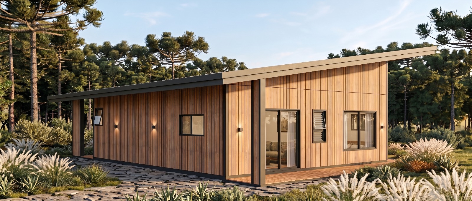 Casa Alto da Colina — lateral mais longa da casa em dia ensolarado, com telhado de inclinação ascendente, varanda coberta e arandelas de facho duplo