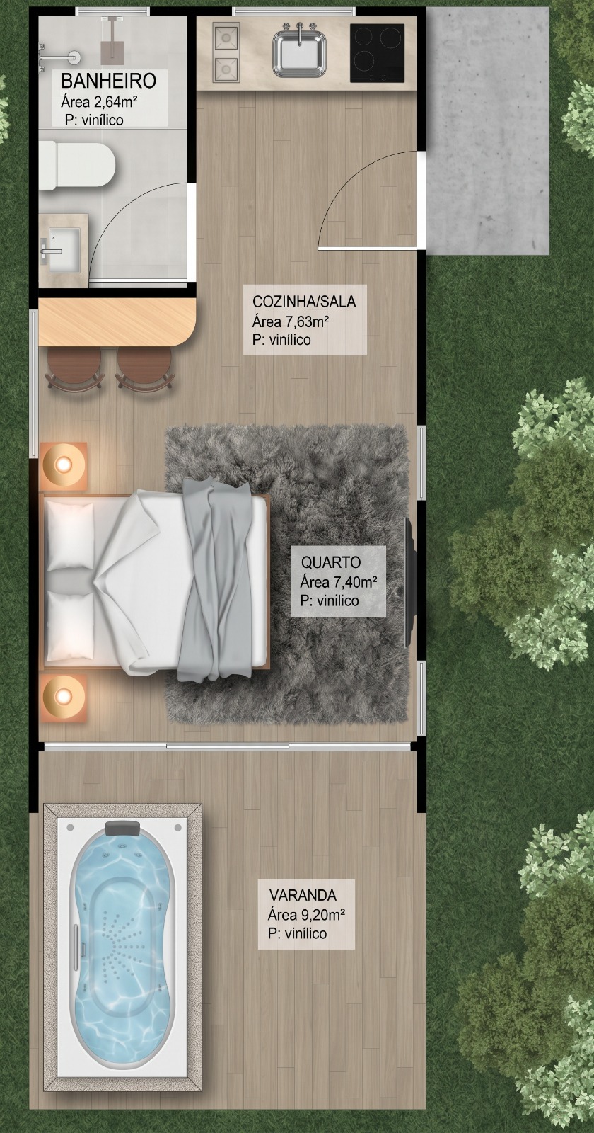 Cabana Floresta — planta baixa com banheiro, cozinha/sala, quarto e varanda
