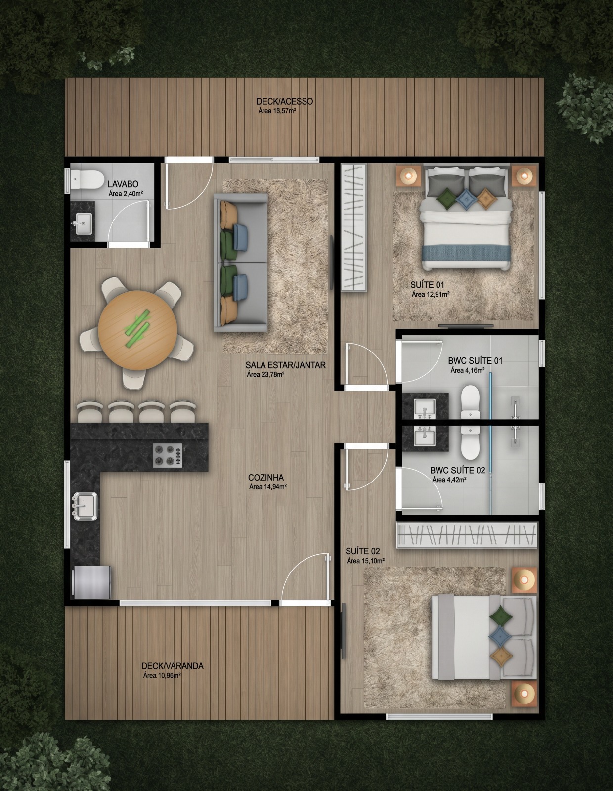 Casa da Serra — planta baixa humanizada com duas suítes e banheiros privativos, sala de estar e jantar, cozinha, lavabo, deck de acesso e deck varanda