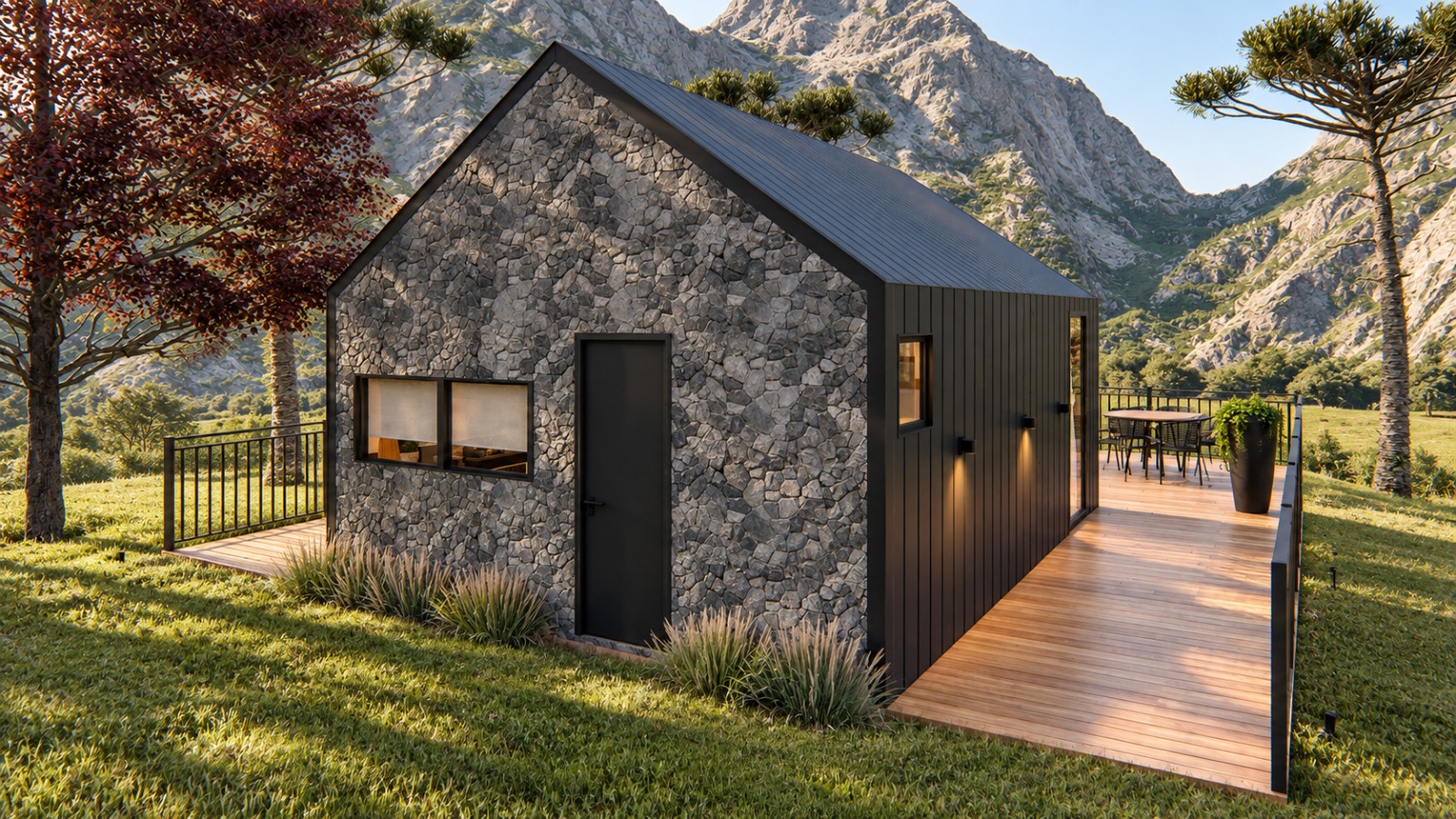 Cabana Amanhecer — fachada em pedra com deck de madeira