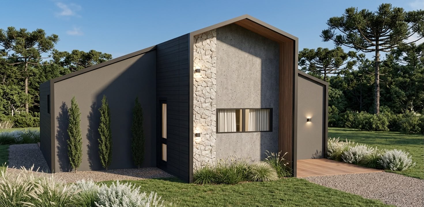Cabana Altos da Montanha — vista angular com parede de concreto aparente, frontão revestido em pedras rústicas e jardim com ciprestes