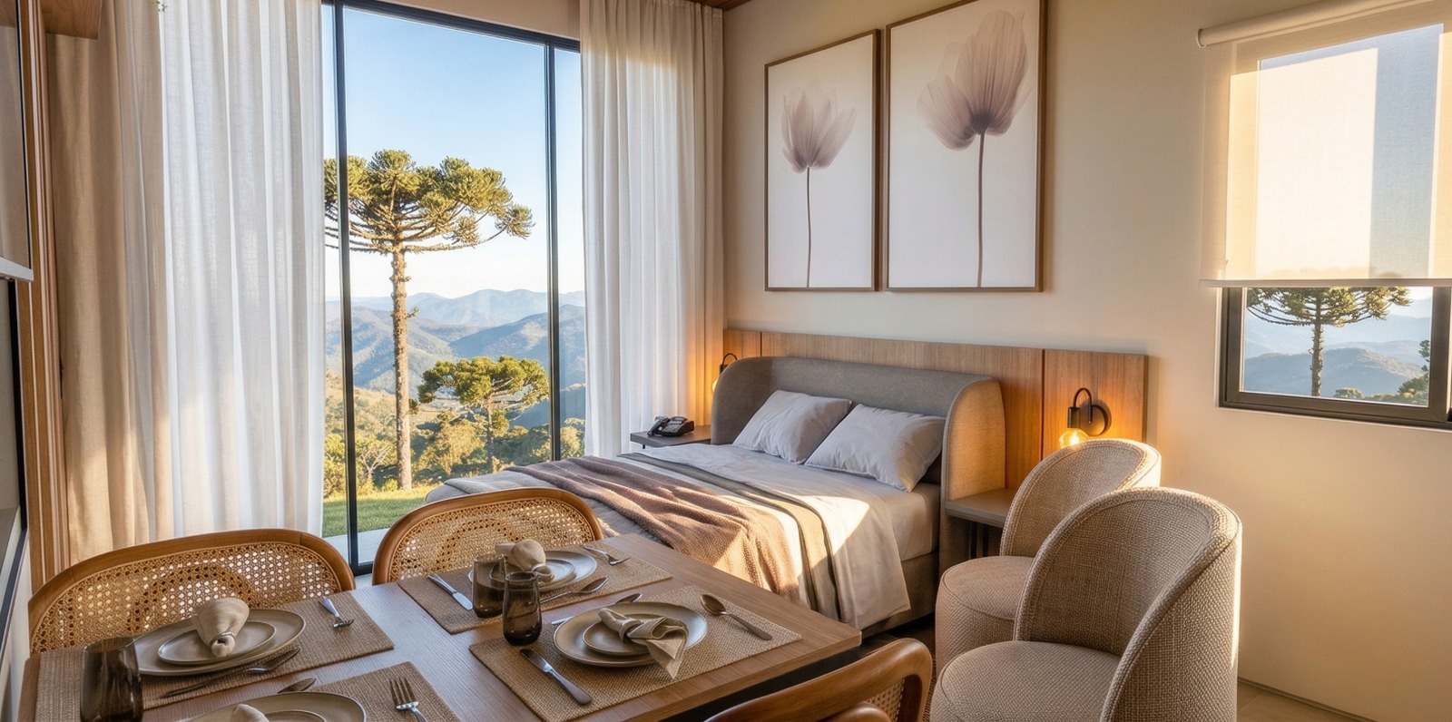 Cabana Sunset — quarto com cama de casal, painel de madeira e vista panorâmica para montanhas e araucárias