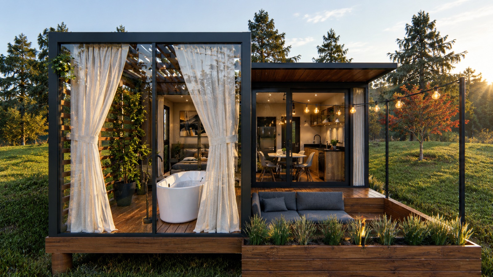 Cabana Lua — fachada frontal envidraçada com pergolado e jardim
