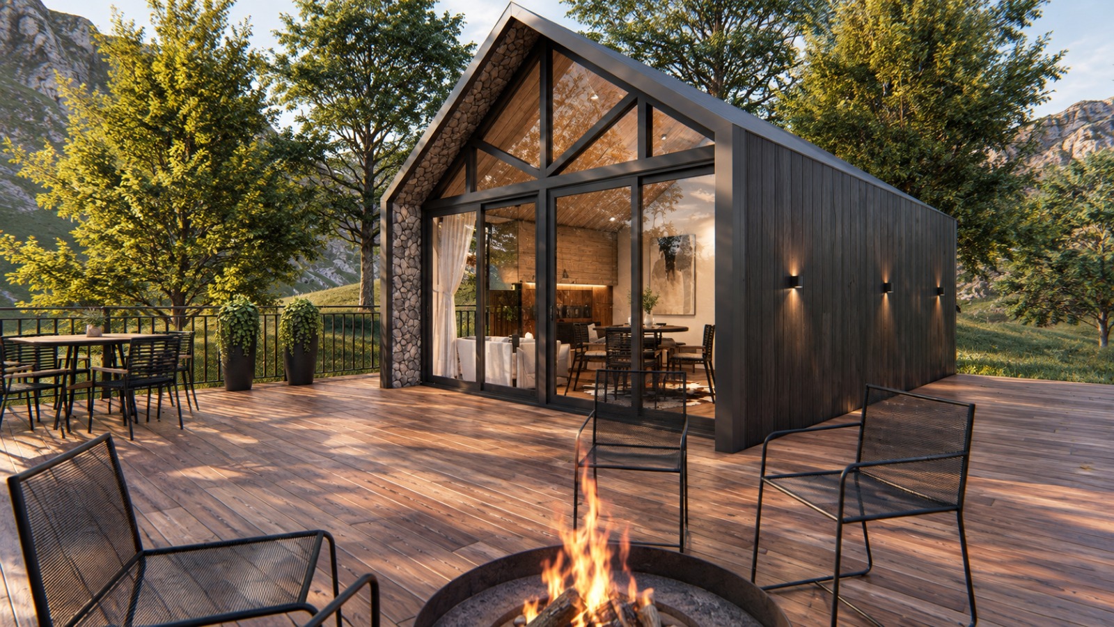 Cabana Amanhecer — fachada envidraçada e deck com fogueira