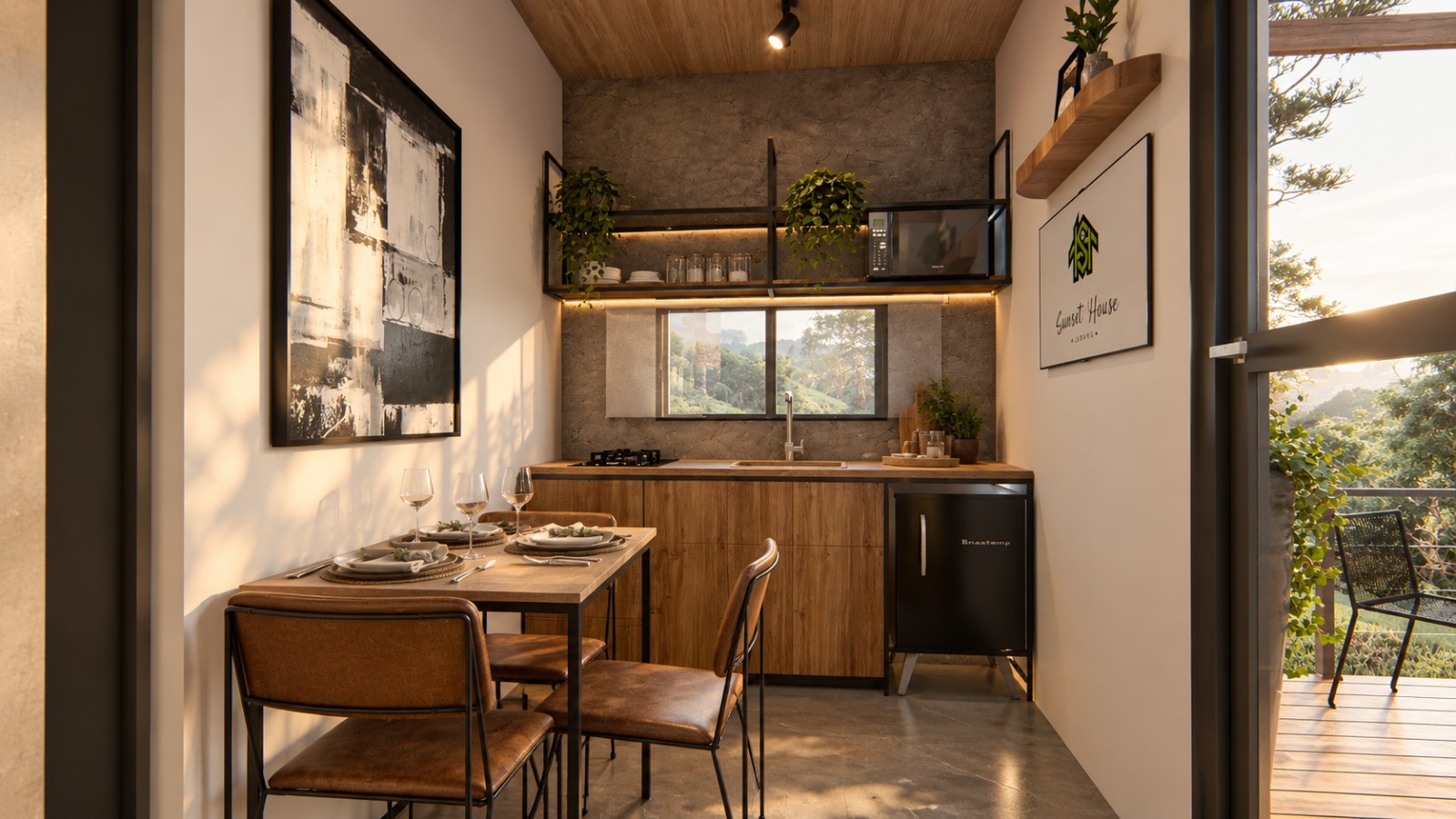 Cabana Bosque — cozinha integrada com mesa de jantar e vista para o deck