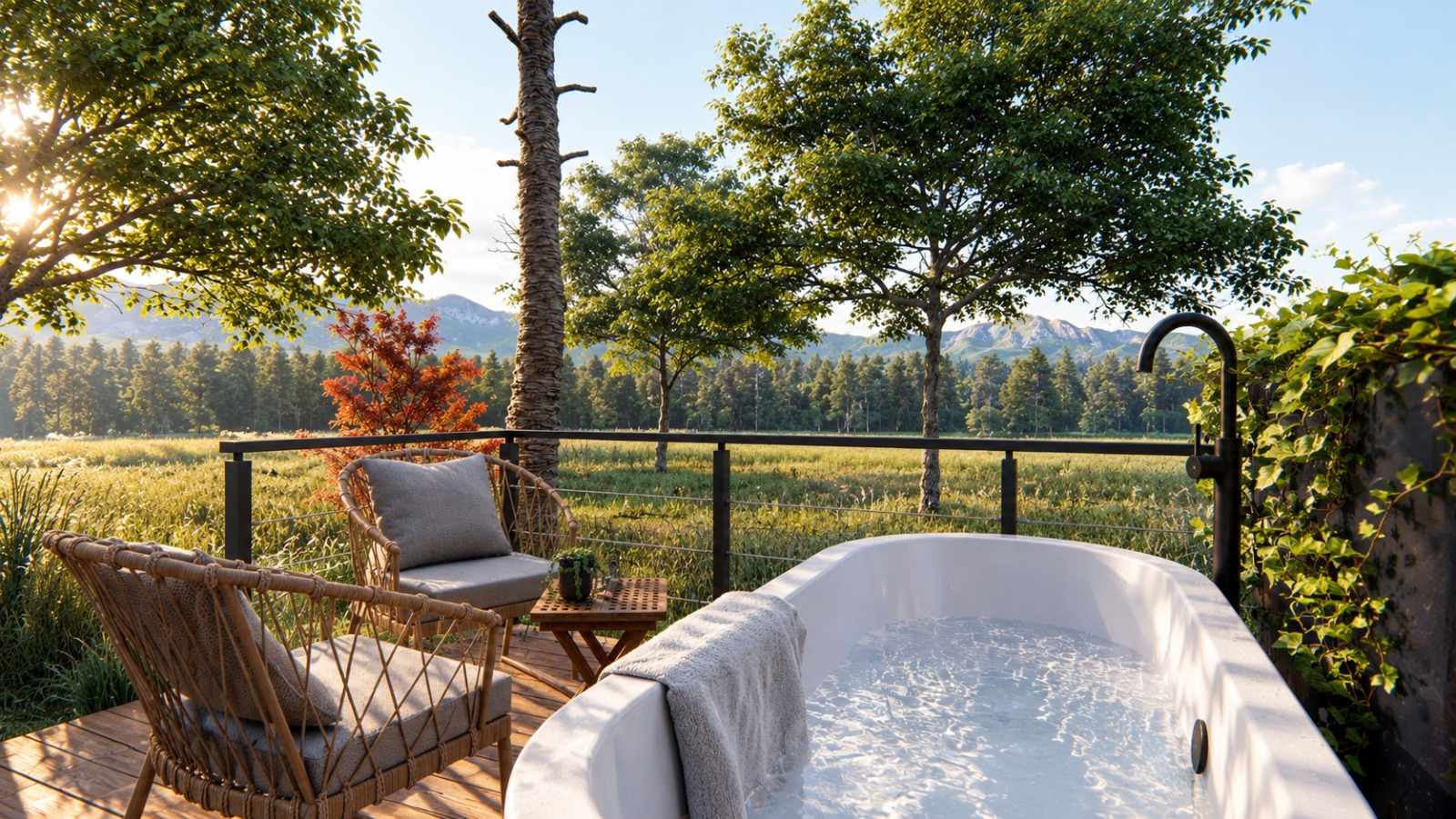 Cabana Floresta — banheira externa com vista para montanhas e mata