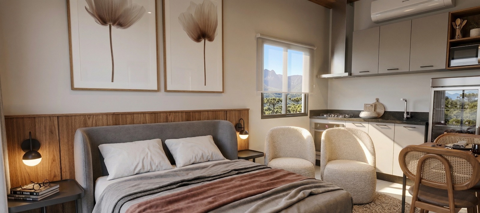 Cabana Sunset — cama com cabeceira de madeira, poltronas e cozinha compacta integrada ao fundo