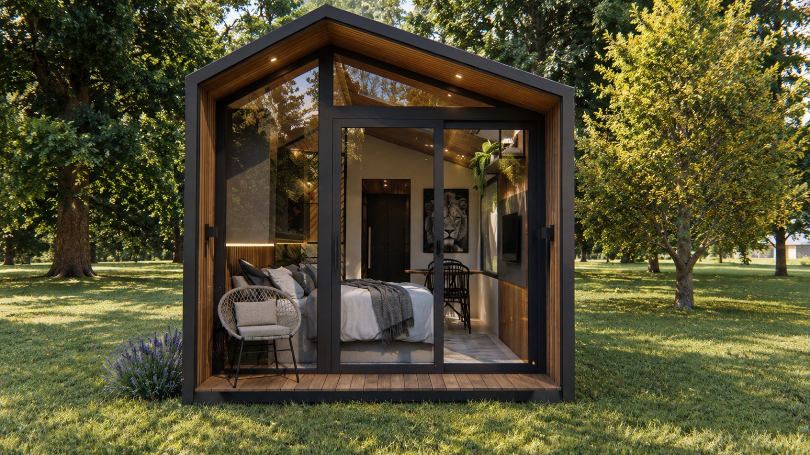 Cabana Paraiso — fachada frontal com acabamento em madeira
