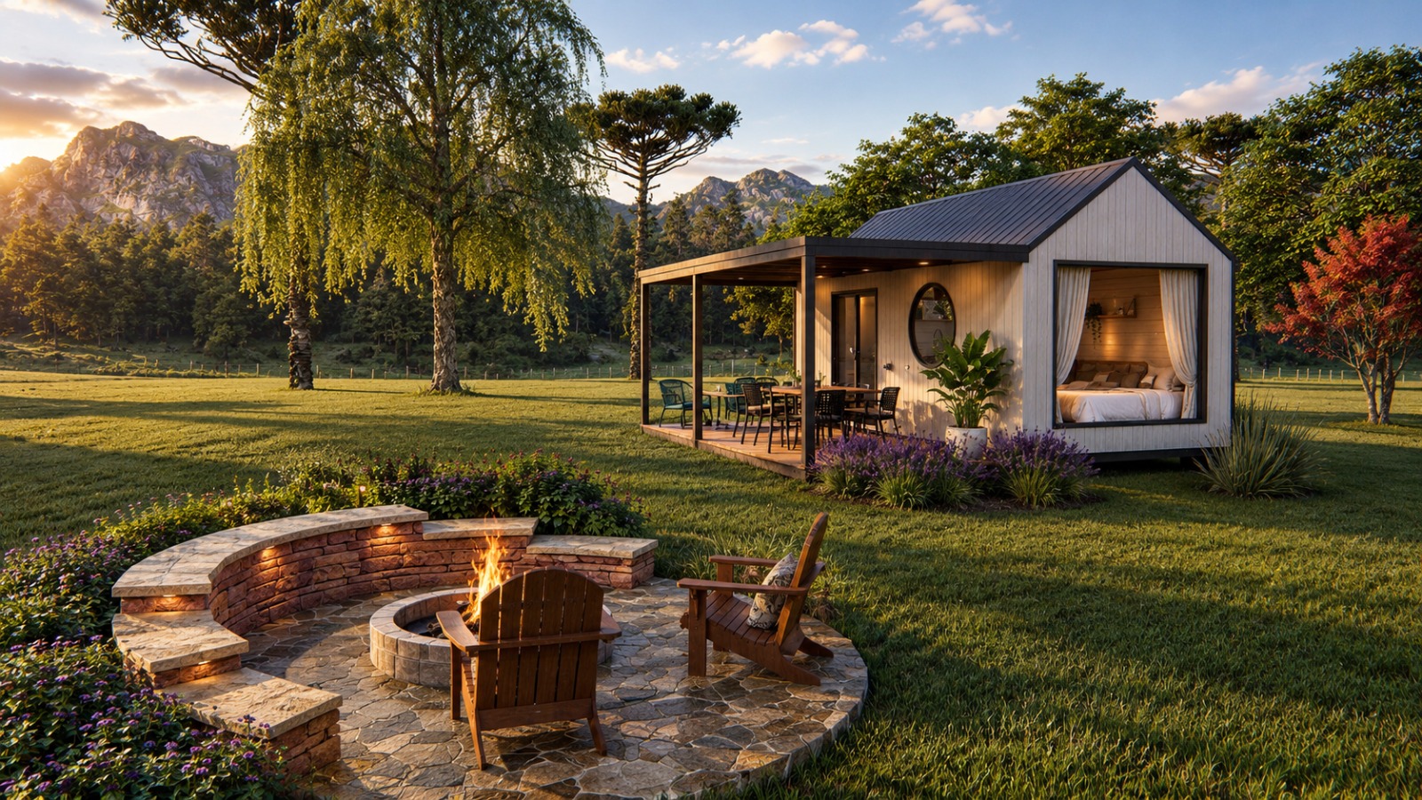 Cabana Sossego — vista ampla da cabana com pergolado, deck e fogueira no jardim ao pôr do sol