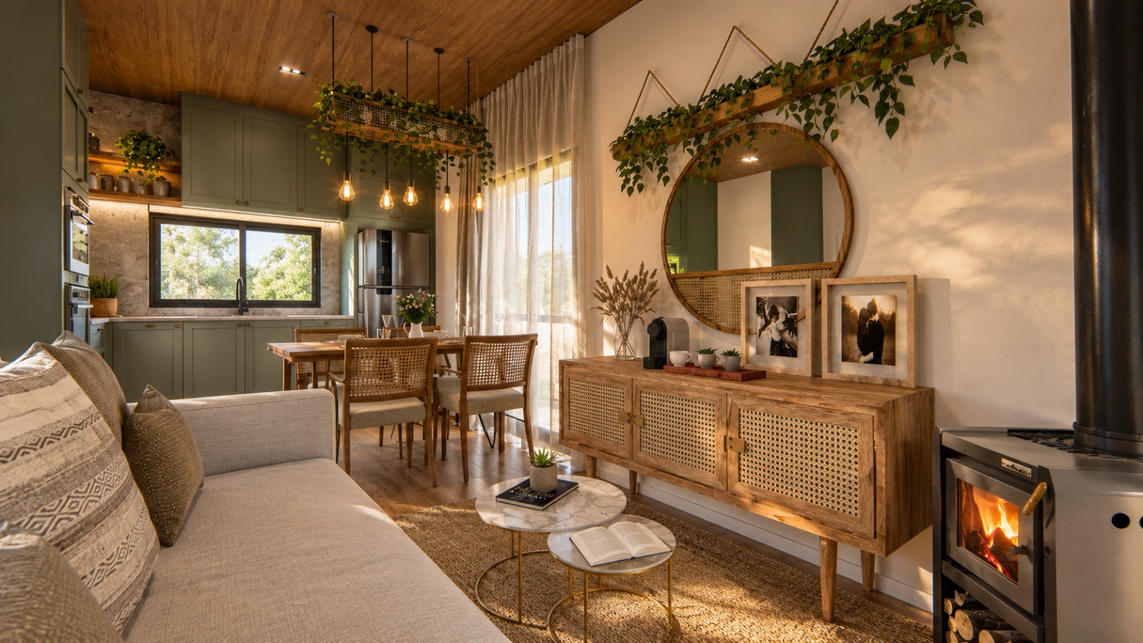 Cabana Quintal do Céu — sala de estar integrada à cozinha, com sofá, aparador de madeira e palhinha, espelho redondo e lareira acesa