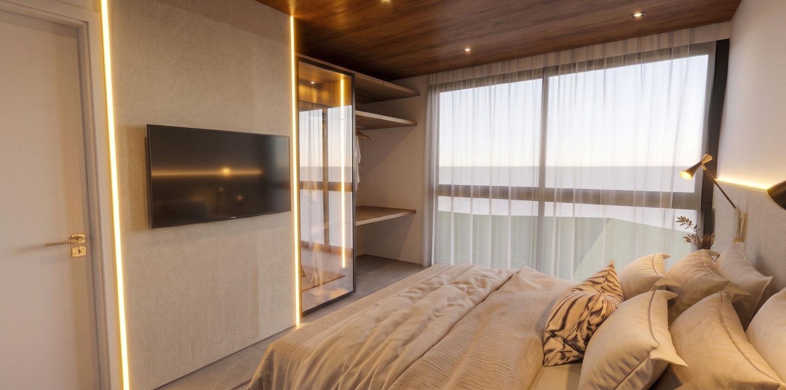 Cabana Refúgio — suíte com cama ampla, TV, closet e vista envidraçada