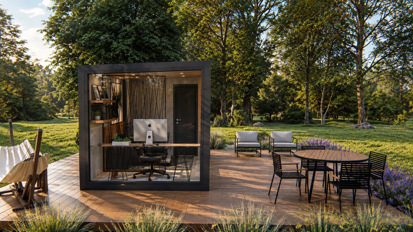 Suite Home — fachada envidraçada com deck e área social