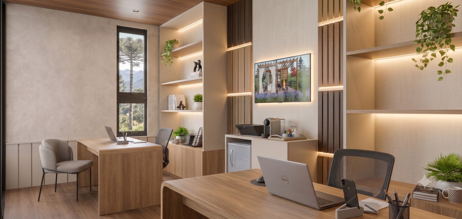 Módulo Escritório — detalhe do interior com mesa de reunião, estantes iluminadas, janela com vista para a serra e plantas decorativas