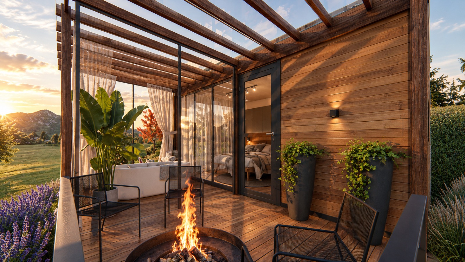 Cabana Bosque — deque com fogueira, poltronas e pérgola com vista para o quarto