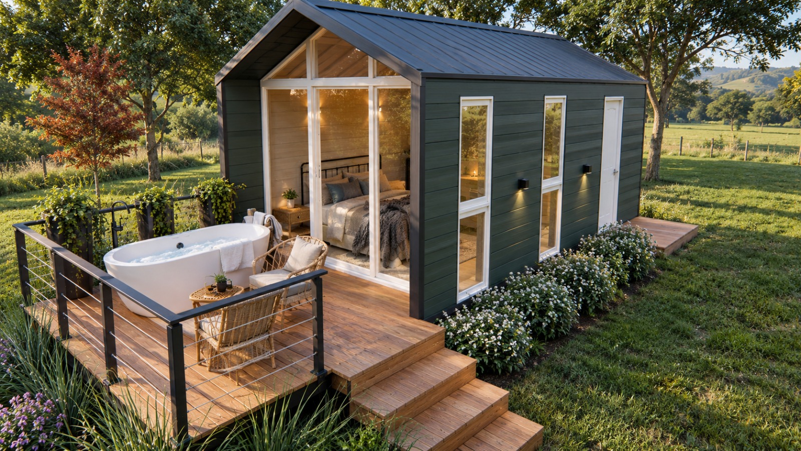 Cabana Floresta — vista externa com fachada envidraçada, deck de madeira e banheira