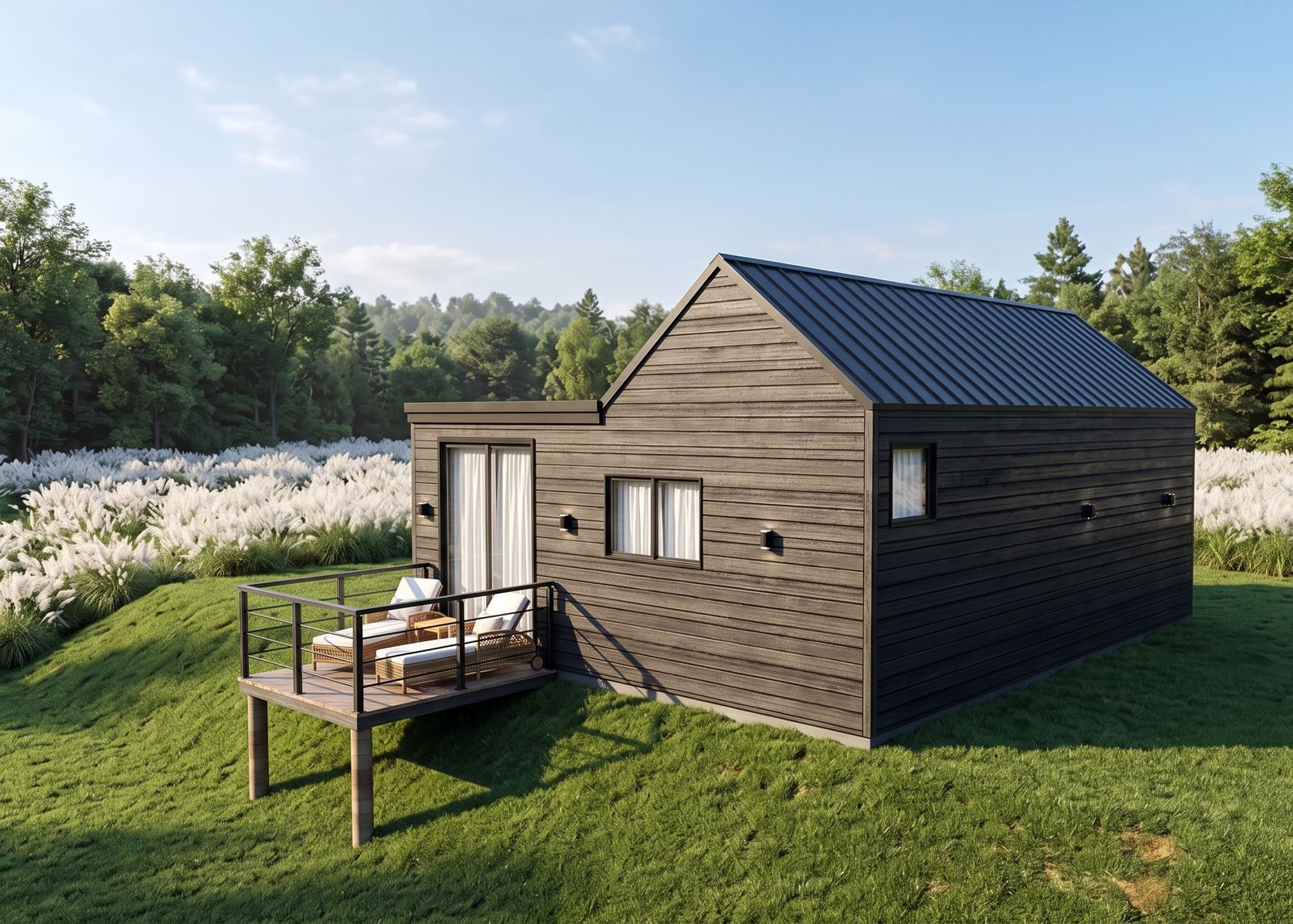 Cabana dos Lagos — vista lateral com deck de espreguiçadeiras em meio às gramíneas
