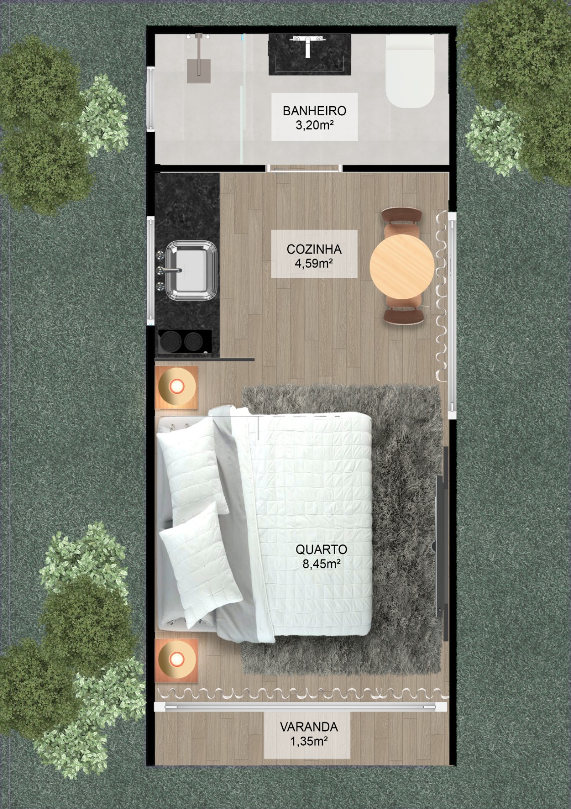 Cabana Paraiso — planta ilustrativa com banheiro, cozinha, quarto e varanda