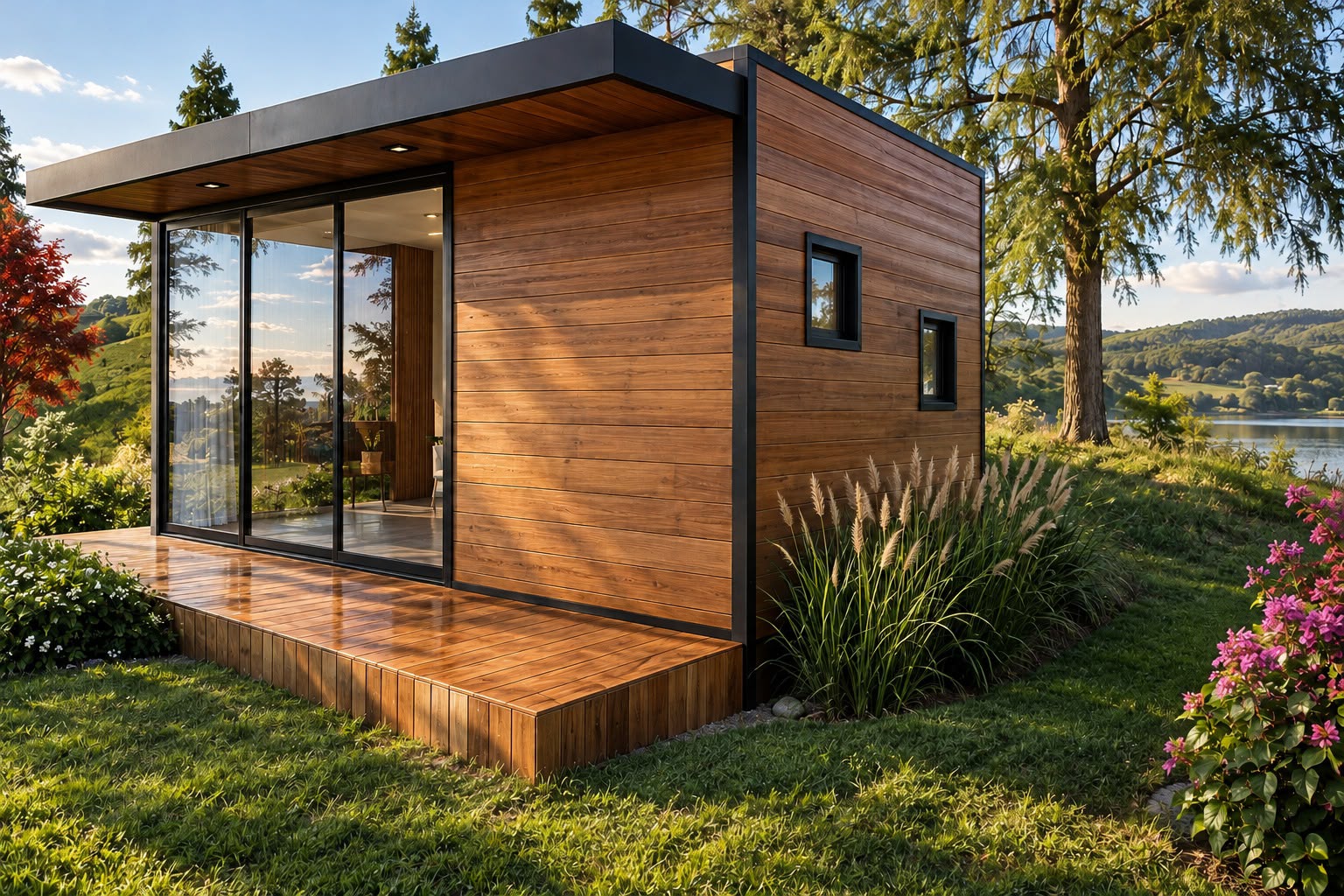 Módulo Escritório — módulo de madeira com deck de madeira, janelas basculantes pretas e vista para o lago cercado por montanhas