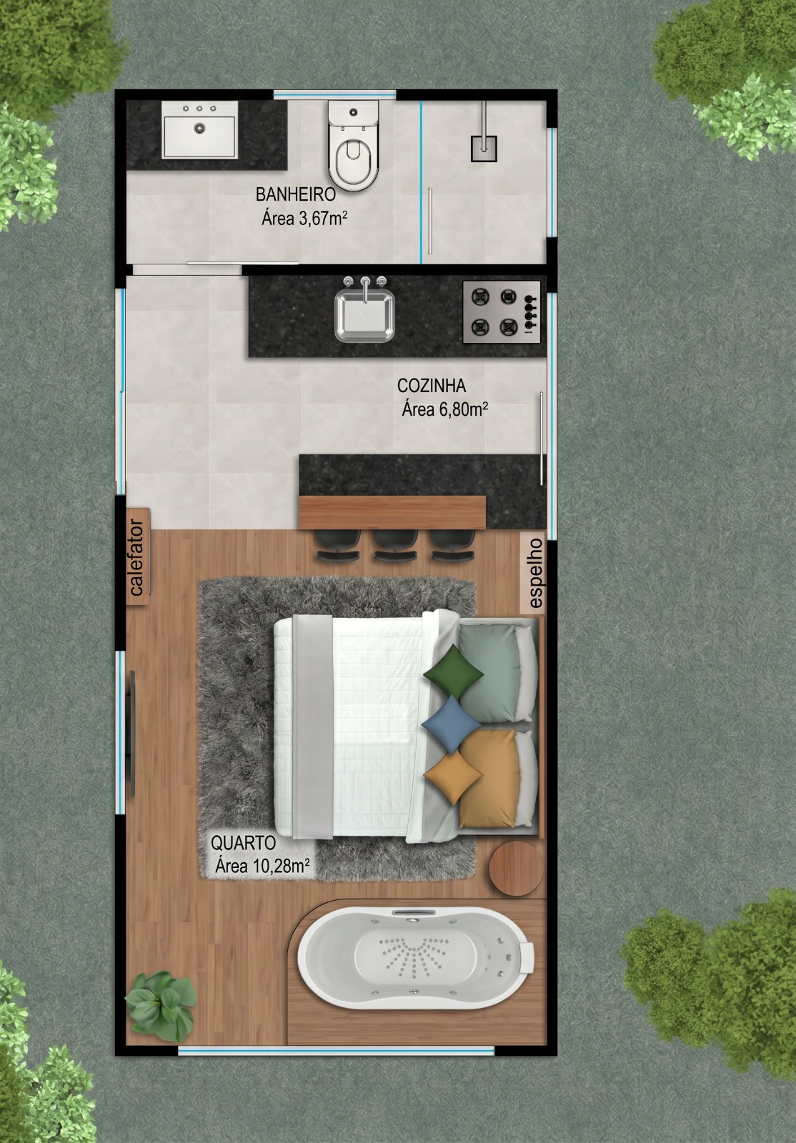 Cabana Sossego — planta baixa com banheiro, cozinha e quarto