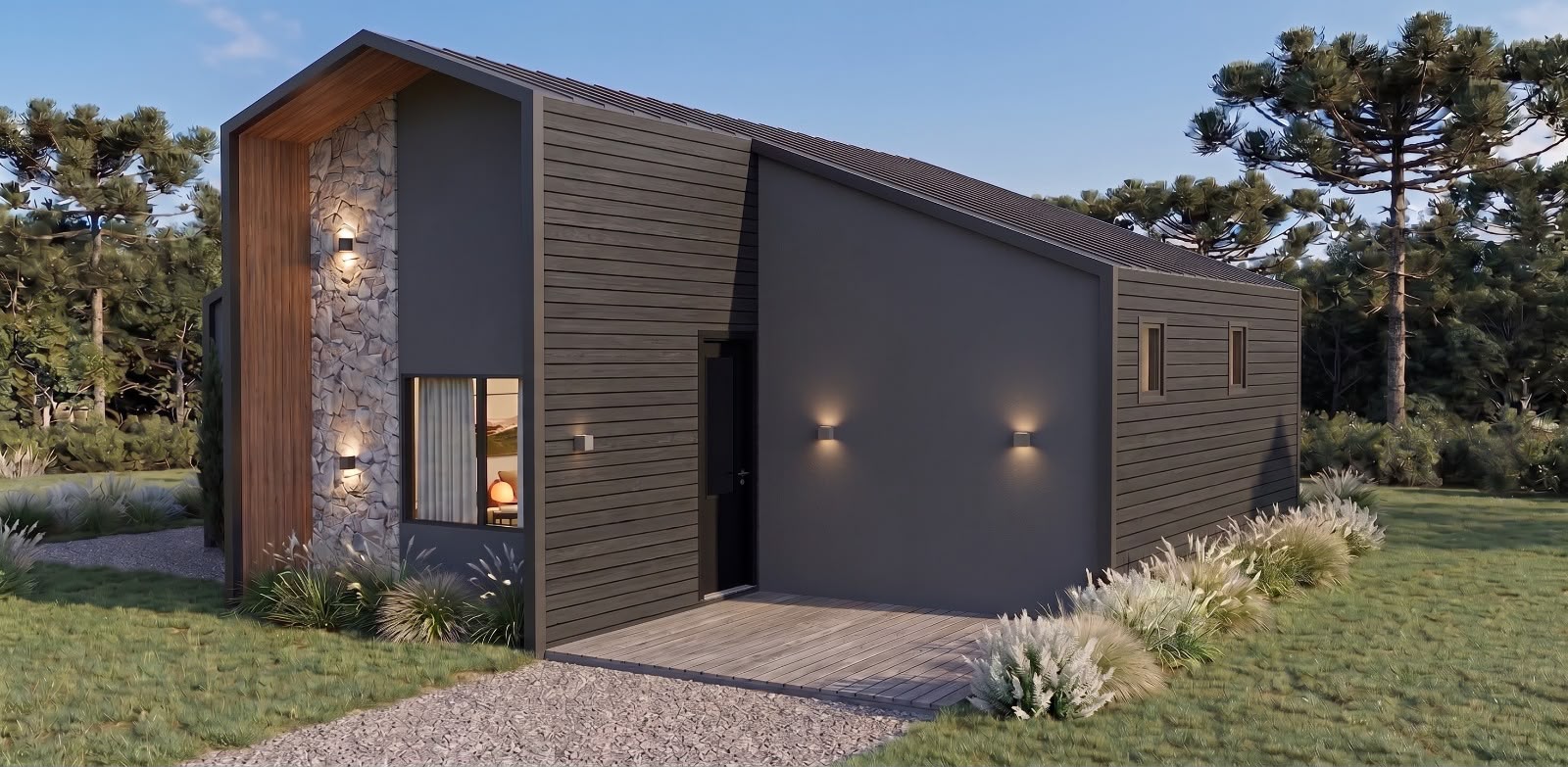 Cabana Altos da Montanha — lateral de acesso com pequeno deck, caminho de pedrisco e arandelas acesas junto às araucárias