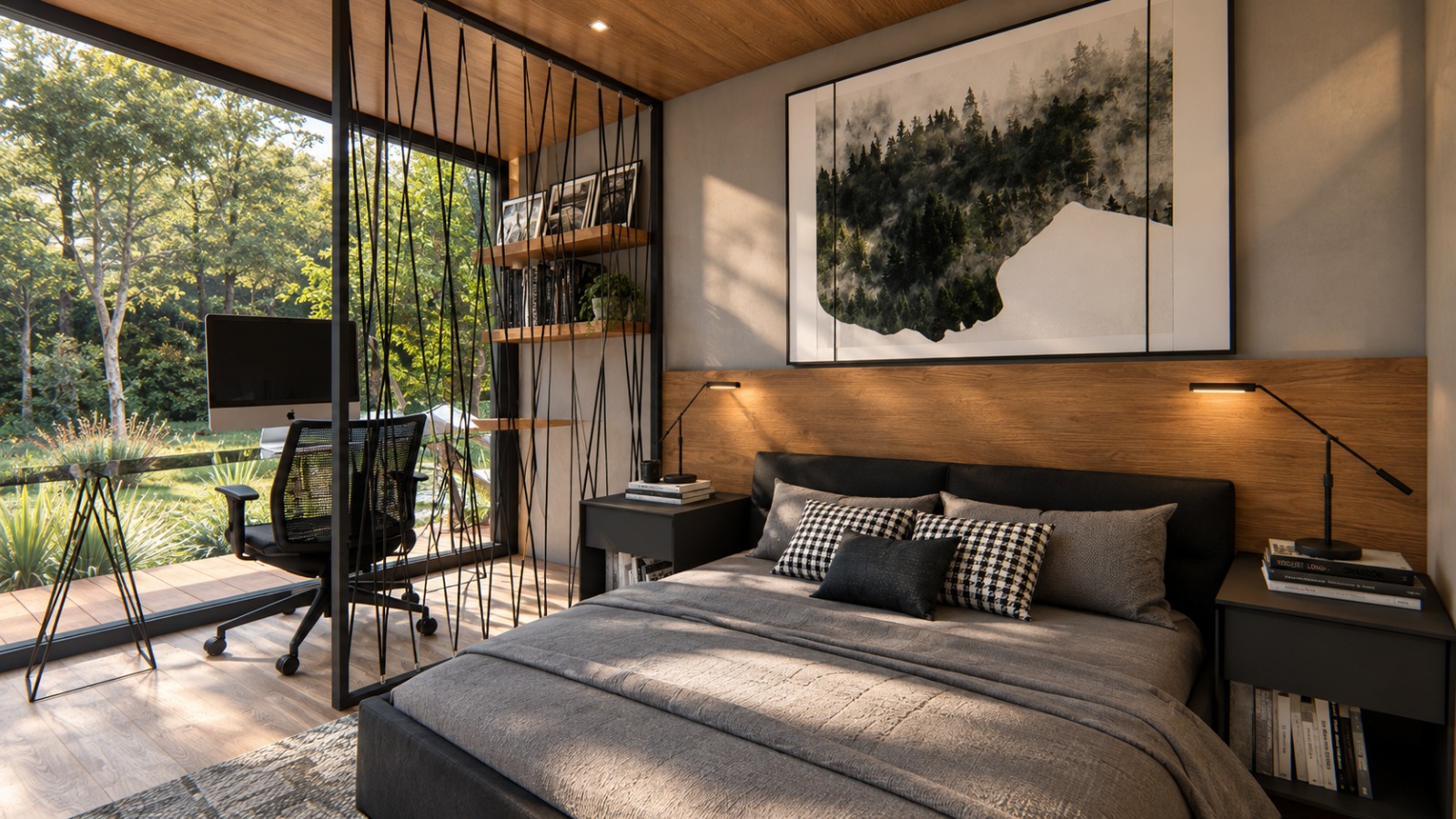 Suite Home — quarto com divisória e espaço de trabalho junto à janela
