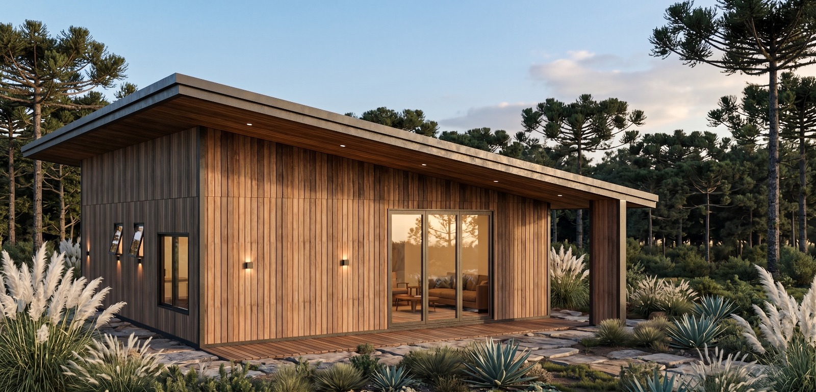 Casa Alto da Colina — face posterior ao entardecer com grande porta-balcão de vidro abrindo para o deck
