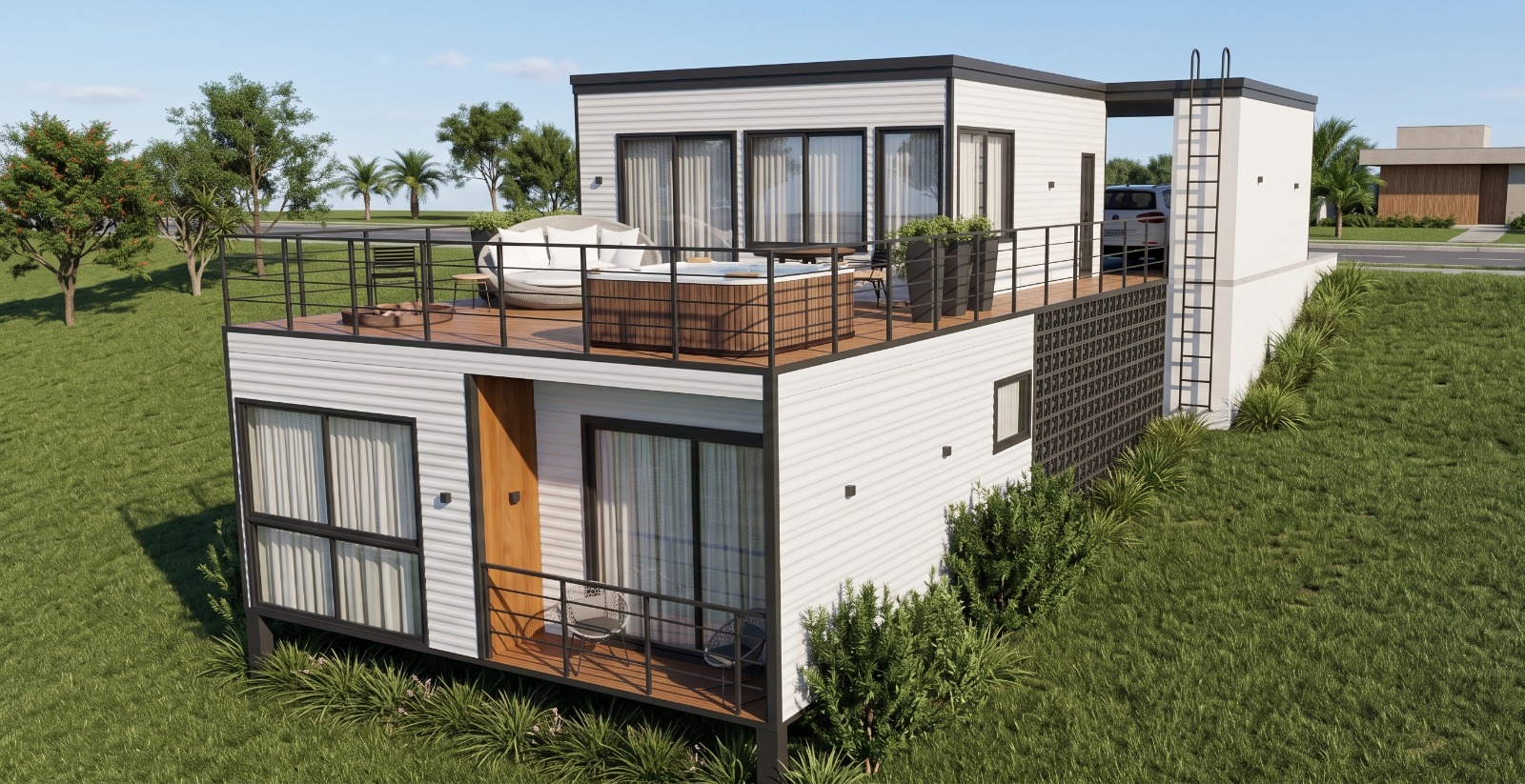 Cabana Refúgio — vista externa dos dois pavimentos com terraço superior e banheira de hidromassagem