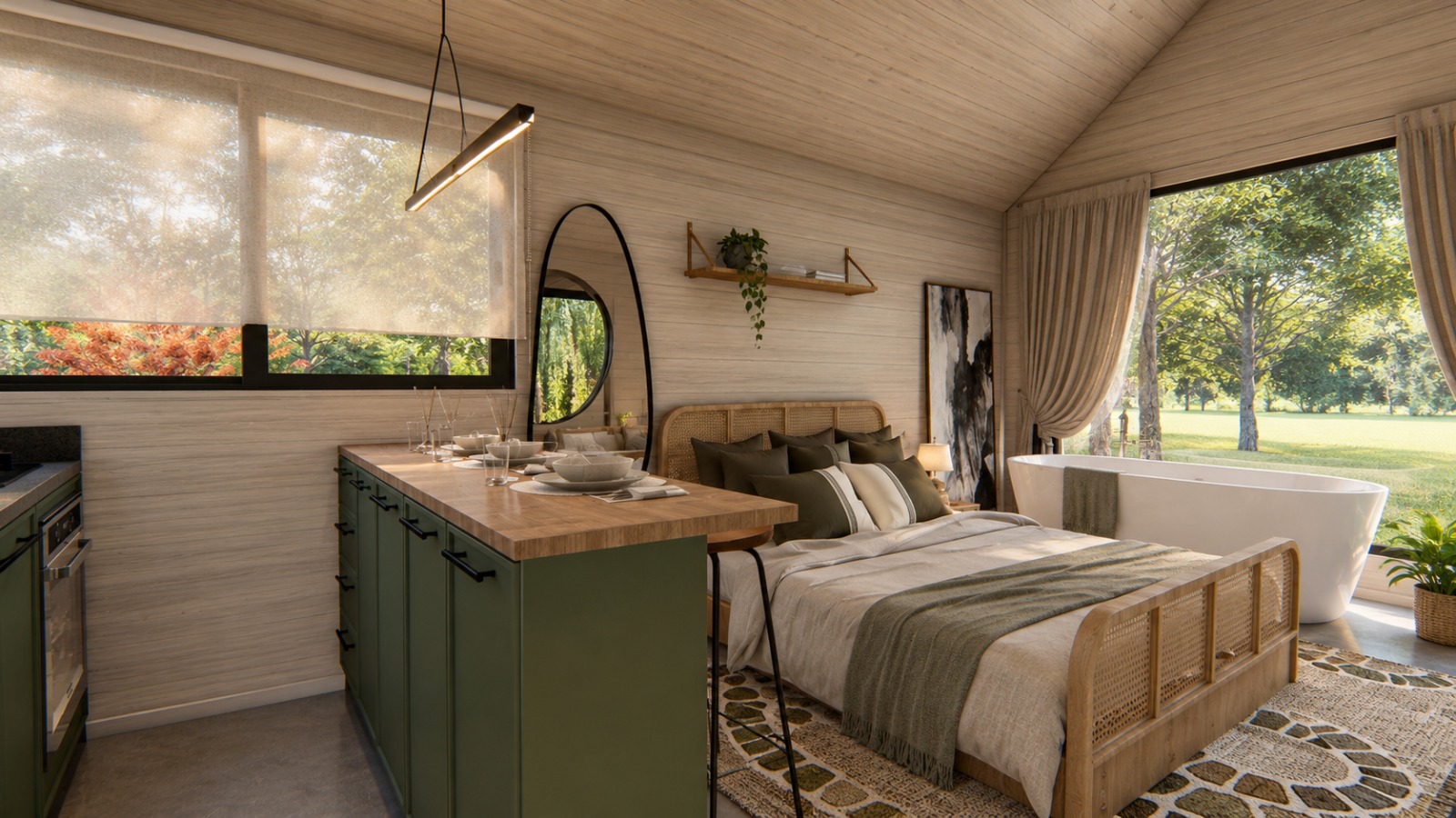Cabana Sossego — quarto integrado à cozinha com bancada verde e cama de madeira
