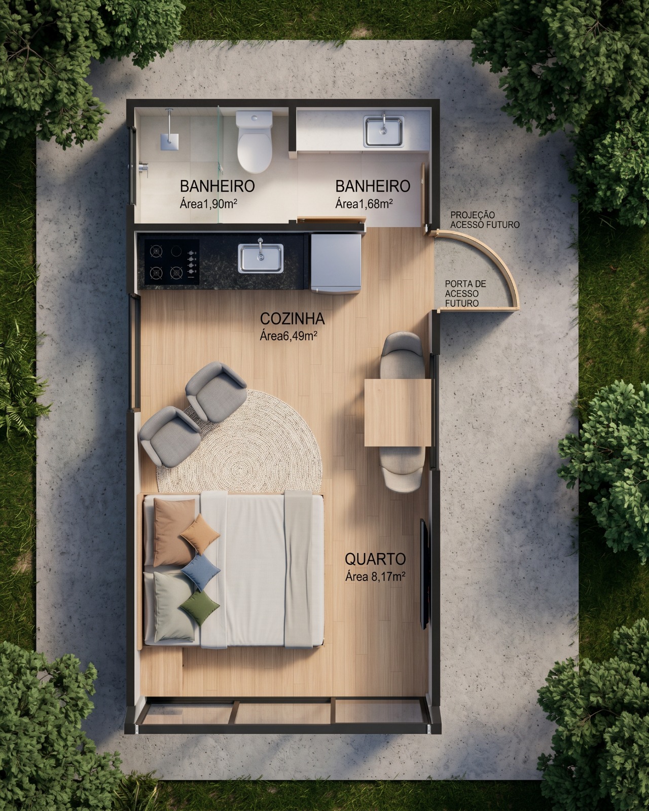 Cabana Sunset — planta baixa humanizada com banheiros, cozinha, quarto e área de acesso futuro